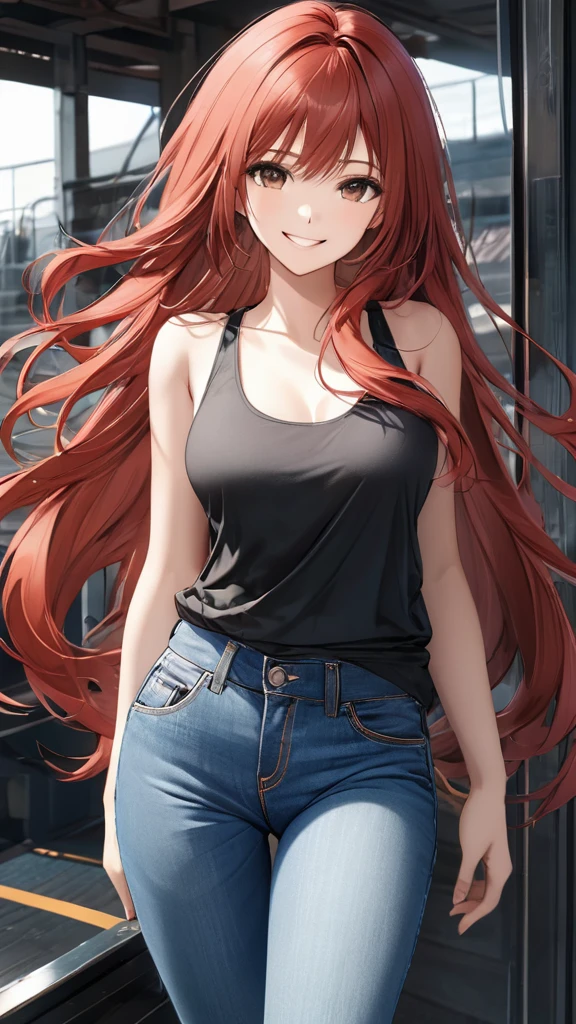 ((masterpiece)),((best quality)),((ultra detailed)),(extremely detailed),((absolutely resolution)) ,absurdres,8k, 1girl, close up face, grin, long hair, multicolored hair, tanktops, jeans, full body,