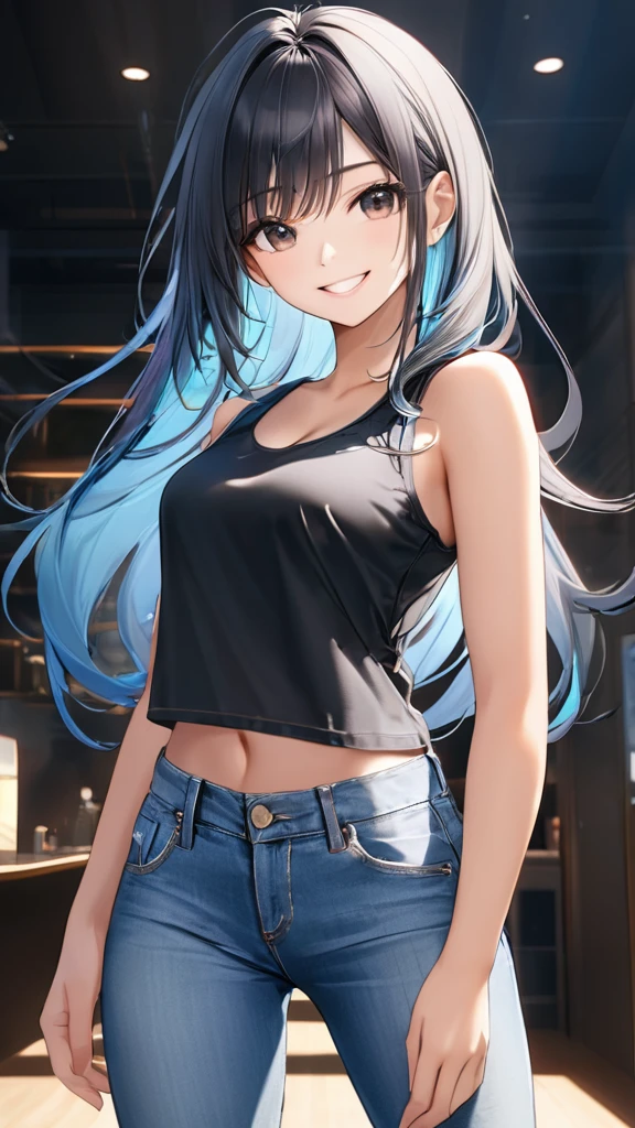 ((masterpiece)),((best quality)),((ultra detailed)),(extremely detailed),((absolutely resolution)) ,absurdres,8k, 1girl, close up face, grin, long hair, multicolored hair, tanktops, jeans, full body,