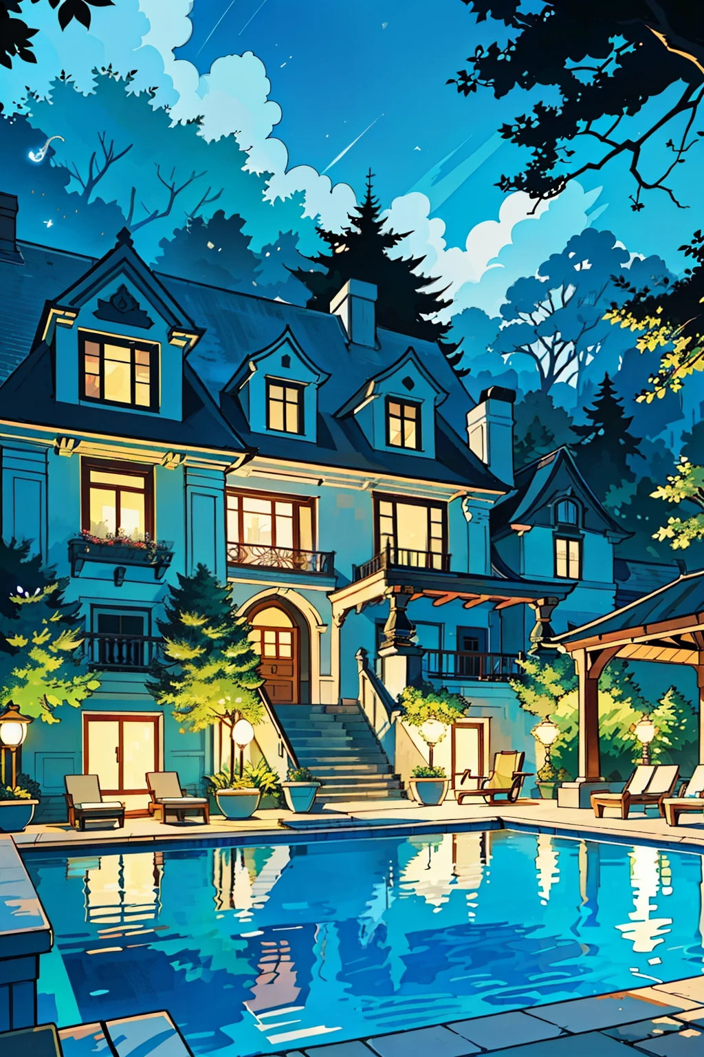 In the stillness of the suburban mansion, the tranquil pool scene unfolds with intricate details in a captivating comics style. The mansion, adorned with vintage influences, stands proudly against a backdrop of lush greenery, its imposing facade reflecting off the shimmering water. The pool itself is a sparkling oasis, its crystal-clear waters inviting yet devoid of life. The deckchairs nearby remain untouched, their plush fabrics untainted by the warmth of human presence.
The mansion's windows, with their soft lines and comic book detailing, hint at the quiet life within, while the pool area is alive