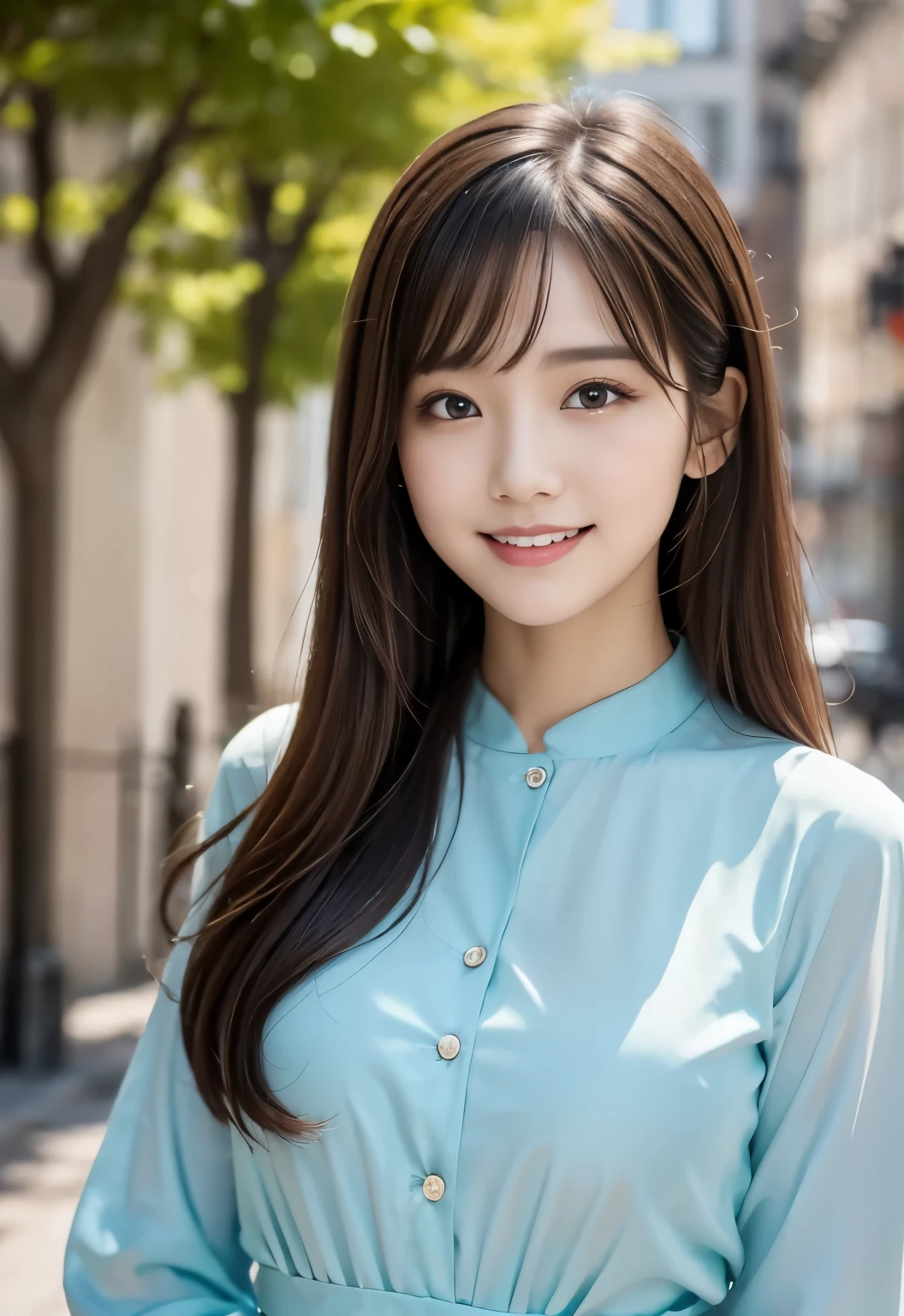 (masterpiece, best quality:1.1), (8k, raw photo, photo realistic:1.2, f22), (shiny skin), detailed skin,long hair,ribbon,detailed face, detailed eyes,smile,BREAK, real world, intricate details, smil, BREAK, 1girl, full body,(shortsleeve,blue),BREAK, (morning:1.4)