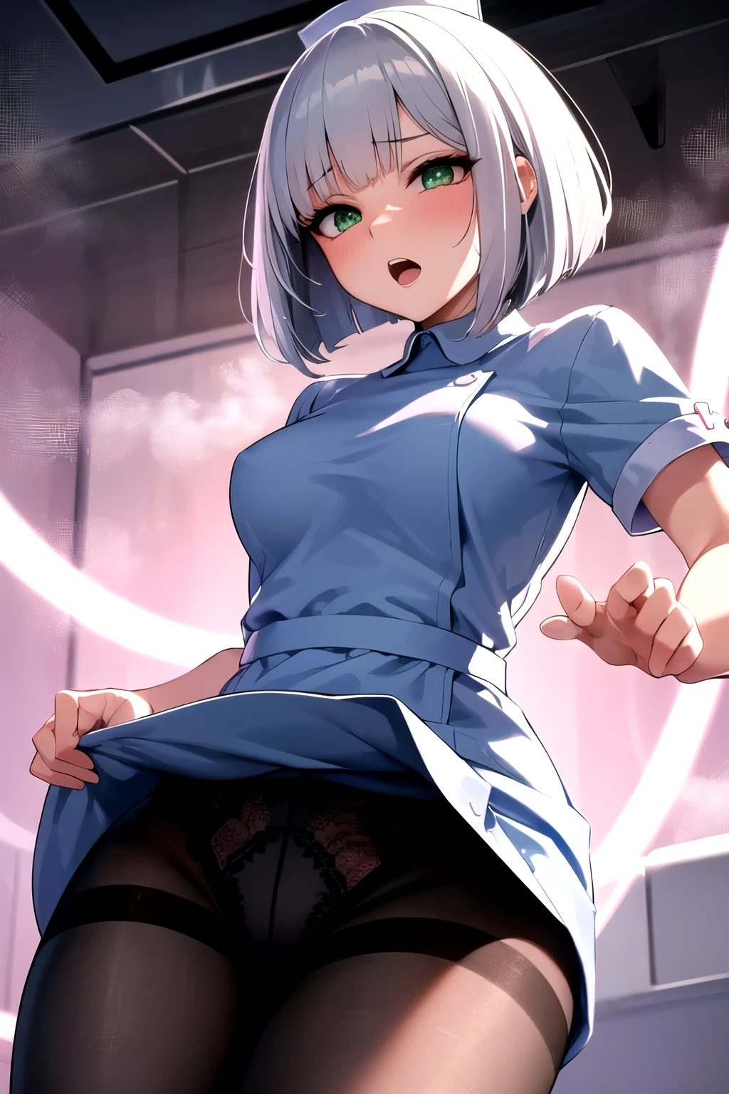 {{best quality}}, {{very aesthetic}}, {{ultra-detailed}}, {{best illustration}}, woman,silver hair,bob cut,green eye,pov,orgasm face,((steam)),1woman,1girl,lace panties,(under black pantyhose),white nurse,from below,hospital