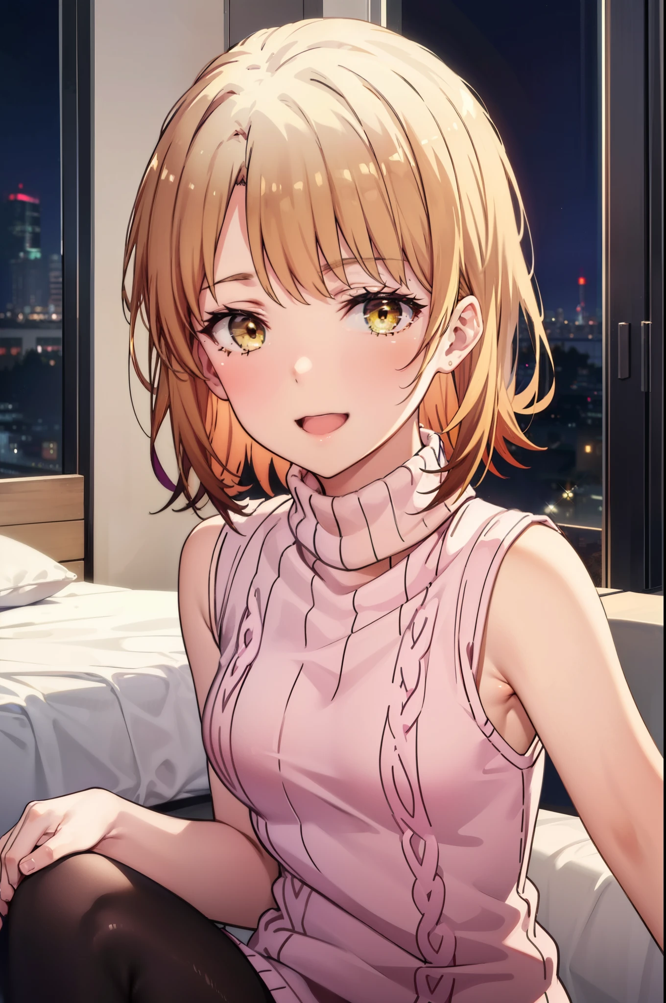 irohaisshiki, Iroha Isshiki, short hair, brown hair, (Brown eyes:1.happy smile, smile, Open your mouth,),Virgin Killer Sweater with a Visible Back, Sleeveless turtleneck, Sweater dress, aran sweater, (Side bust), Red sweater, Black pantyhose,Sitting on the bed,Sexy pose,Pink Proof,night,moonlight,erotic,romantic,
break indoors, Bedroom,
break looking at viewer,whole body, (Cowboy Shot:1. 5),
break (masterpiece:1.2), highest quality, High resolution, unity 8k wallpaper, (shape:0.8), (Beautiful details:1.6), Highly detailed face, Perfect lighting, Highly detailed CG, (Perfect hands, Perfect Anatomy),