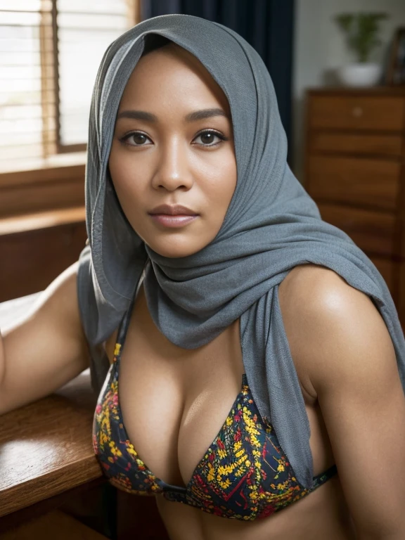 (editorial photograph of a beautiful 47 year old Melanesian woman), ((hijab)),((bikini)), ((milf)), (highly detailed face:1.4), (sultry sexy smile:0.6), (muscles:1.3), sitting on the desk:1.2), (background inside dark, moody, private study, old furniture:1.1), (8k, uhd, dslr, high quality, cinematic lighting, bokeh), (dramatic, award winning photography, incredible masterpiece:1.3)