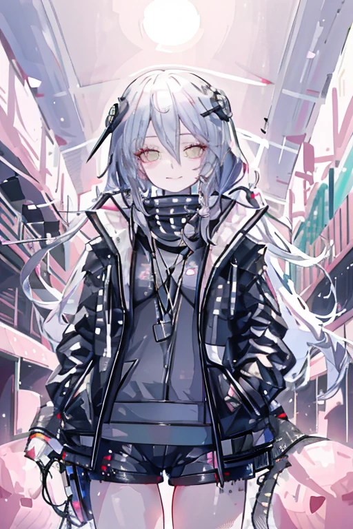 Beautiful woman with long hair in pink pigtails、Cyberpunk Shorts、Put on cat ears、Staring at the audience、Positive、smile、Sea side、Palm tree
