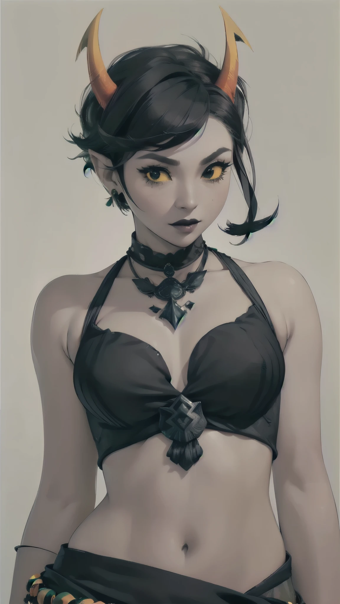 close-up portrait, kanaya,  (horns), gray skin, short hair, [[simple background]], bellydancer, (midriff), collarbone, sleeveless, choli, wide hips, jewelry, eyeliner, mature, (black eyes), (yellow sclera), knees