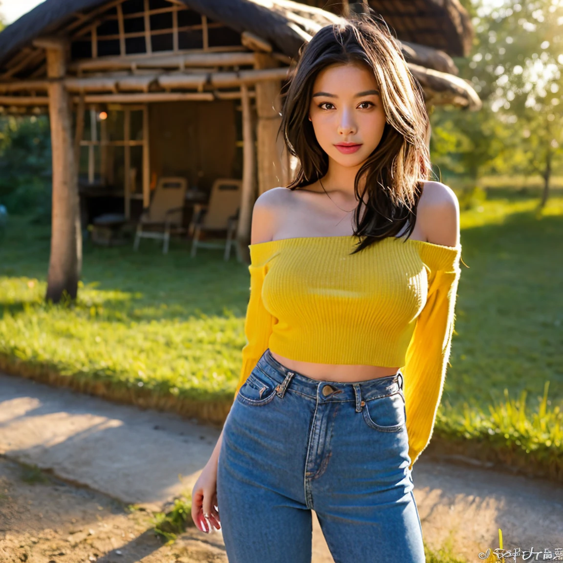 Young Asian woman, 25 years old,Wearing short jeans with an old, torn penis.,) have a tattoo,) at the waist and shoulder,Wear a cropped jean jacket. big shiny breasts,) Long hair blows up in the wind., Looking straight at the camera,With seductive eyes and postures, perfect body,)) Strong and healthy abdomen, In the countryside there are old thatched huts.,In the countryside there are red flowers.,) yellow and red,) Around the old thatched huts,) nature, The evening sunlight twinkled beautifully., 8K photos, Shot with a bright, high-quality Fuji camera. 45,000,000 pixels, Too realistic,