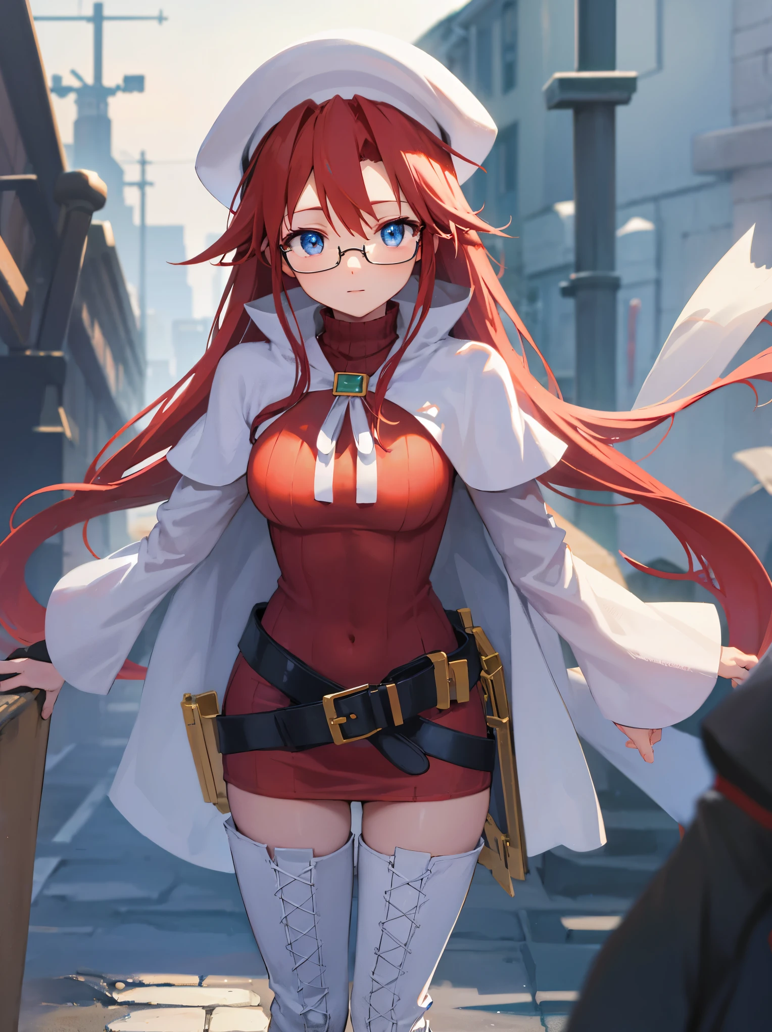 summonnightaty, aty, long hair, blue eyes, red hair, beret, hat, glasses,
BREAK long hair, thighhighs, hat, dress, boots, glasses, belt, cape, sweater, zettai ryouiki, beret, thigh boots, white footwear, ribbed sweater, loose belt,solo,
BREAK outdoors, fantasy,on_a_ship,
BREAK (masterpiece:1.2), best quality, high resolution, unity 8k wallpaper, (illustration:0.8), (beautiful detailed eyes:1.6), extremely detailed face, perfect lighting, extremely detailed CG, (perfect hands, perfect anatomy),covered_nipples,covered_navel,light_smile ,(half_eyes:1.4),long_sword,edge,armpit,sleepy,dynamic_standing,red_sweater,apart_legs,magical_effect,pulmp,big_tits,light_open_mouth,