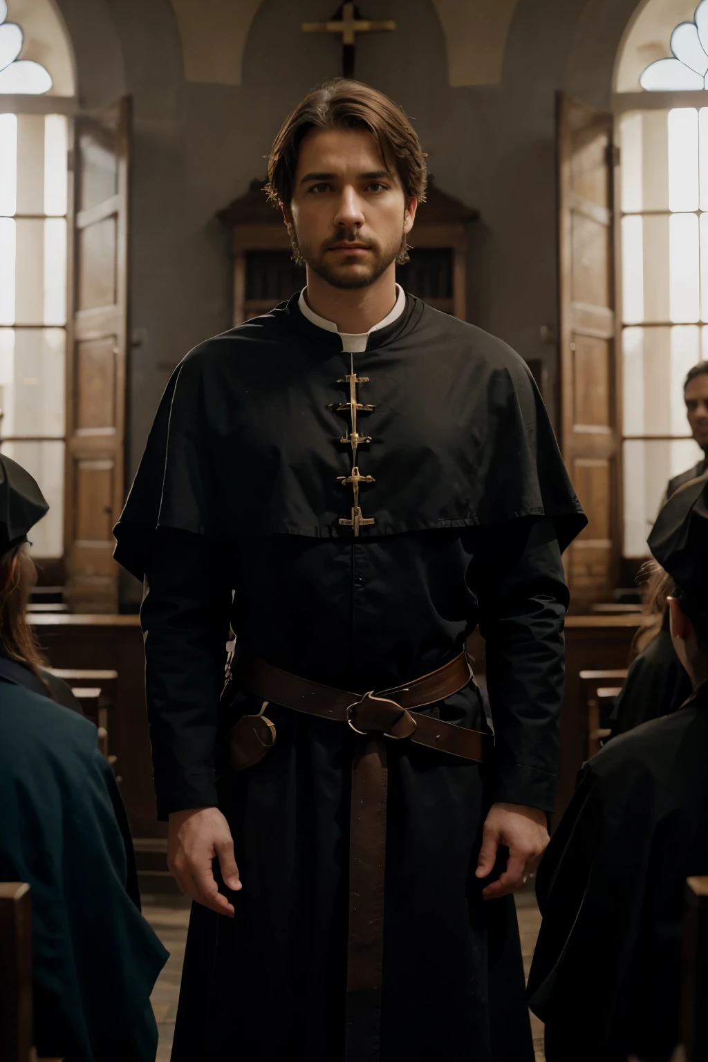 Plano medio.Antorchas. Historically Accurate Spanish Priests of the 1400s., 8k, plano general, cinematographic composition, Volumetric light, Alto detalle, 8k, hdr, realista, Photography, hombres enojados y violentos, luz de sol, cinematographic, photorealista, cinematographic lighting, cinematographic filter, sharp focus, Teaching Christianity to Naive Americans