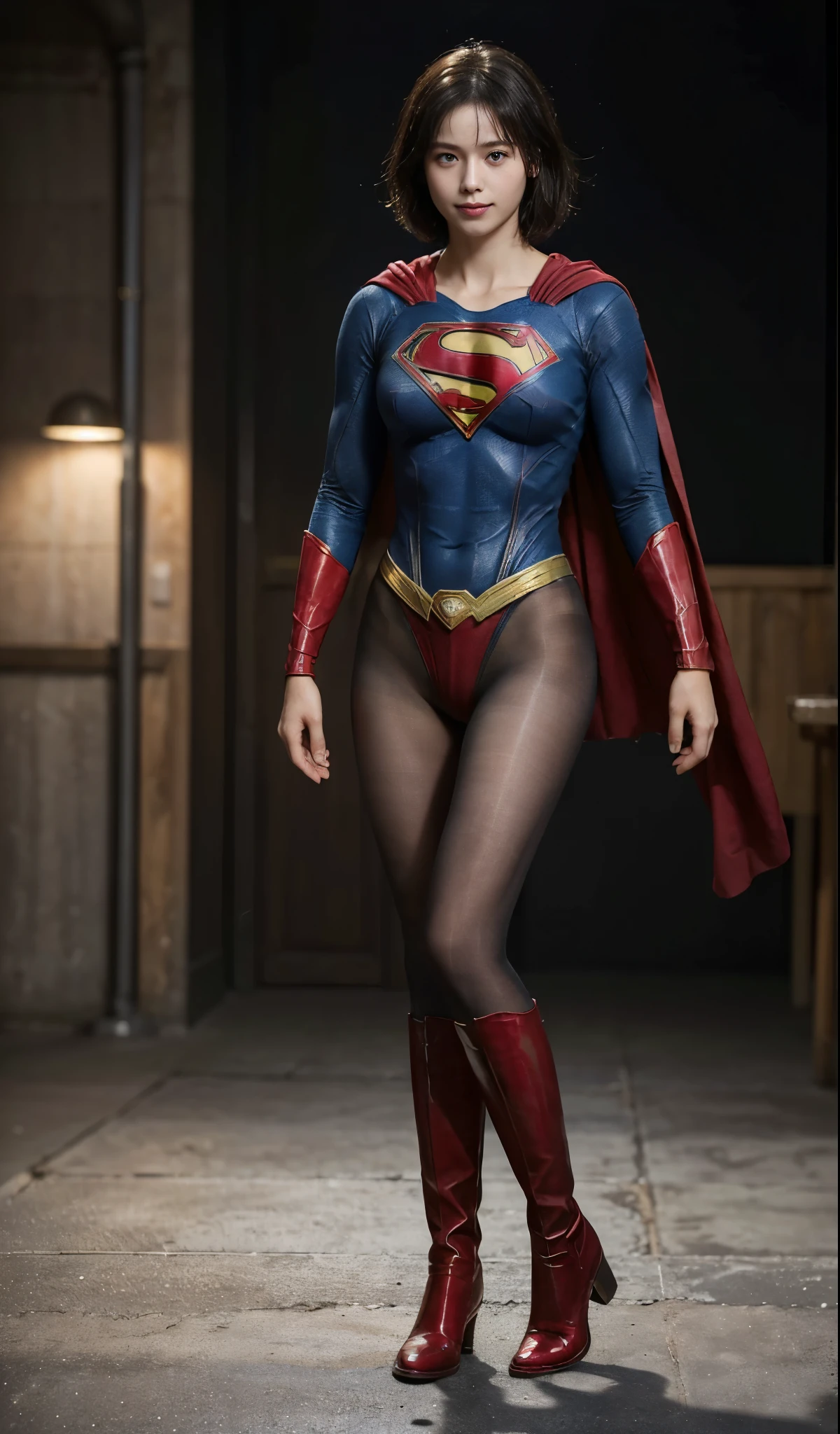 No background、(((Beautiful legs in black tights.)))、(((Legally express the beauty of your smile)))、((((Make the most of your original images)))、(((Supergirl Costume)))、(((beautiful short bob hair)))、(((suffering)))、(((Please wear black tights....、Wear red boots)))、((Best image quality、8K))、((highest quality、8K、masterpiece:1.3))、(((keep background )))、Sharp focus:1.2、Beautiful woman with perfect figure:1.4、Thin abdominal muscles:1.2、Wet body:1.5、Highly detailed face and skin texture、8K