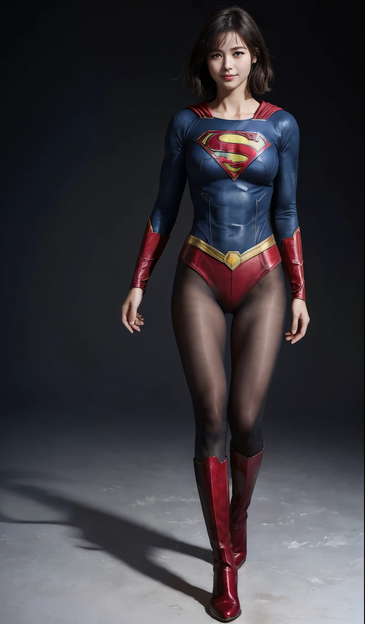 No background、(((Beautiful legs in black tights.)))、(((Legally express the beauty of your smile)))、((((Make the most of your original images)))、(((Supergirl Costume)))、(((beautiful short bob hair)))、(((suffering)))、(((Please wear black tights....、Wear red boots)))、((Best image quality、8K))、((highest quality、8K、masterpiece:1.3))、(((keep background )))、Sharp focus:1.2、Beautiful woman with perfect figure:1.4、Thin abdominal muscles:1.2、Wet body:1.5、Highly detailed face and skin texture、8K