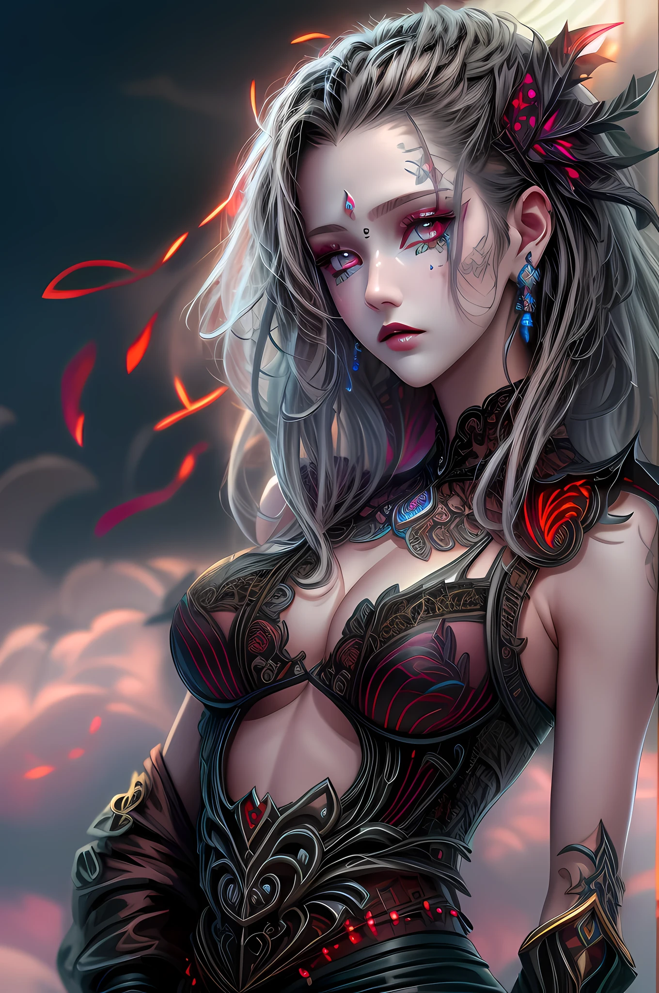 Arafed, dark fantasy art, gothic art, a picturr of a vampire ready for battle, female vampire, armed with a sword, wewring heavy armor LnF, armed with a sword, shining sword, ultra detailed face (intricate detailed, Masterpiece, best quality: 1.4), pale skin, gloeing eyes, red eyes, ultra feminine, pale skin, dynamic hair, dark fantasy urban street (intricate detailed, Masterpiece, best quality: 1.4), moon light, star light, clouds