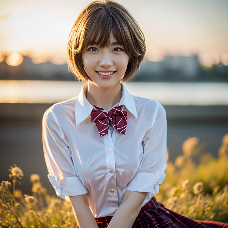 Golden Hair、(8k, RAW Photos, highest quality, masterpiece:1.2), (Realistic, photo-Realistic:1.37), Very detailed,
1 girl,cute, alone,Beautifully detailed skies,Detailed Cafe,night,Sitting,date,(Red Nose),(smile:1.1),(Mouth closed),Big Breasts, seductive smile, Wide opening, Professional Lighting, Sony A7R4, Zesse 50mm F1.8,
Medium Chest,Beautiful details,(Collared shirt:1.1), bow tie,Pleated skirt,(short hair:1.2),floating hair