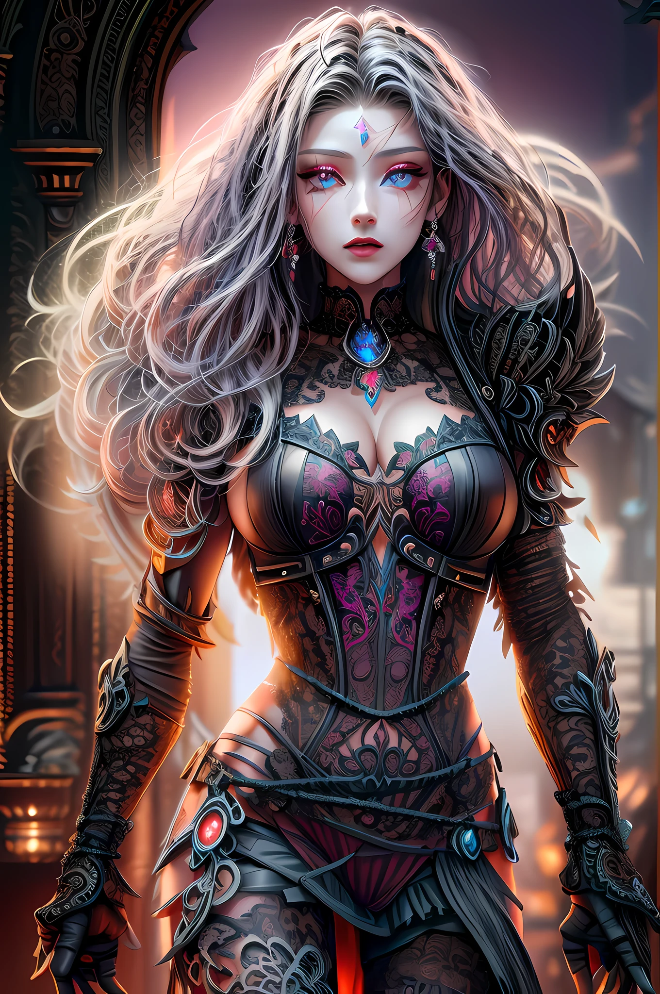 Arafed, dark fantasy art, gothic art, a picturr of a vampire ready for battle, female vampire, armed with a sword, wewring heavy armor LnF, armed with a sword, shining sword, ultra detailed face (intricate detailed, Masterpiece, best quality: 1.4), pale skin, gloeing eyes, red eyes, ultra feminine, pale skin, dynamic hair, dark fantasy urban street (intricate detailed, Masterpiece, best quality: 1.4), moon light, star light, clouds