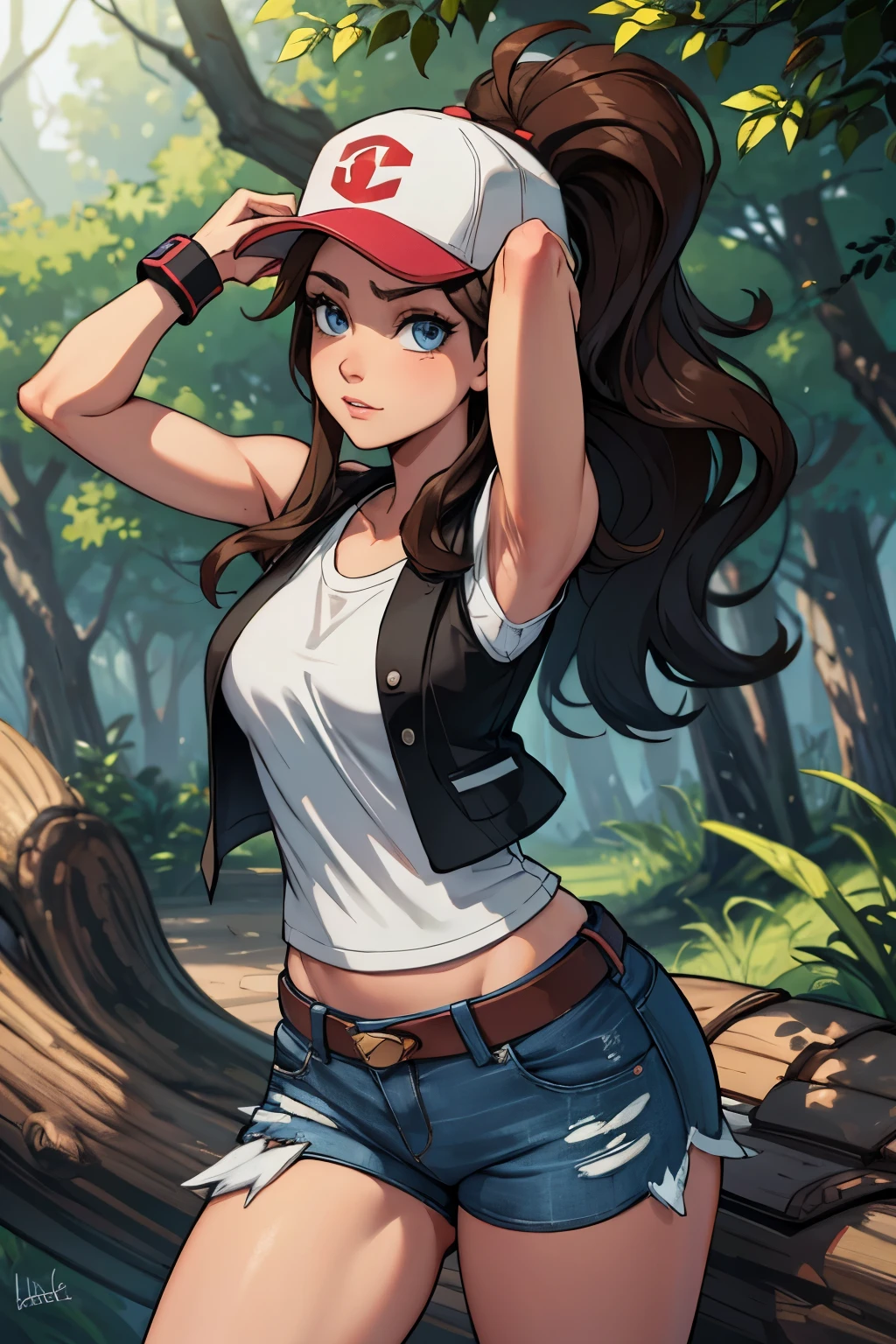 thick outlines, comics, photorealistic, perfect hands, masterpiece:1.2, colorful, 1girl, solo, dynamic pose, hilda, long hair, sidelocks, high ponytail, ponytail, blue eyes, brown hair, hilda, long hair, hat, baseball cap, looking at viewer, sidelocks, high ponytail, shorts, ponytail, denim shorts, denim, short shorts, vest, shirt, wristband, sleeveless, white shirt, black vest, sleeveless shirt, town near a forest, detailed face, detailed eyes, 