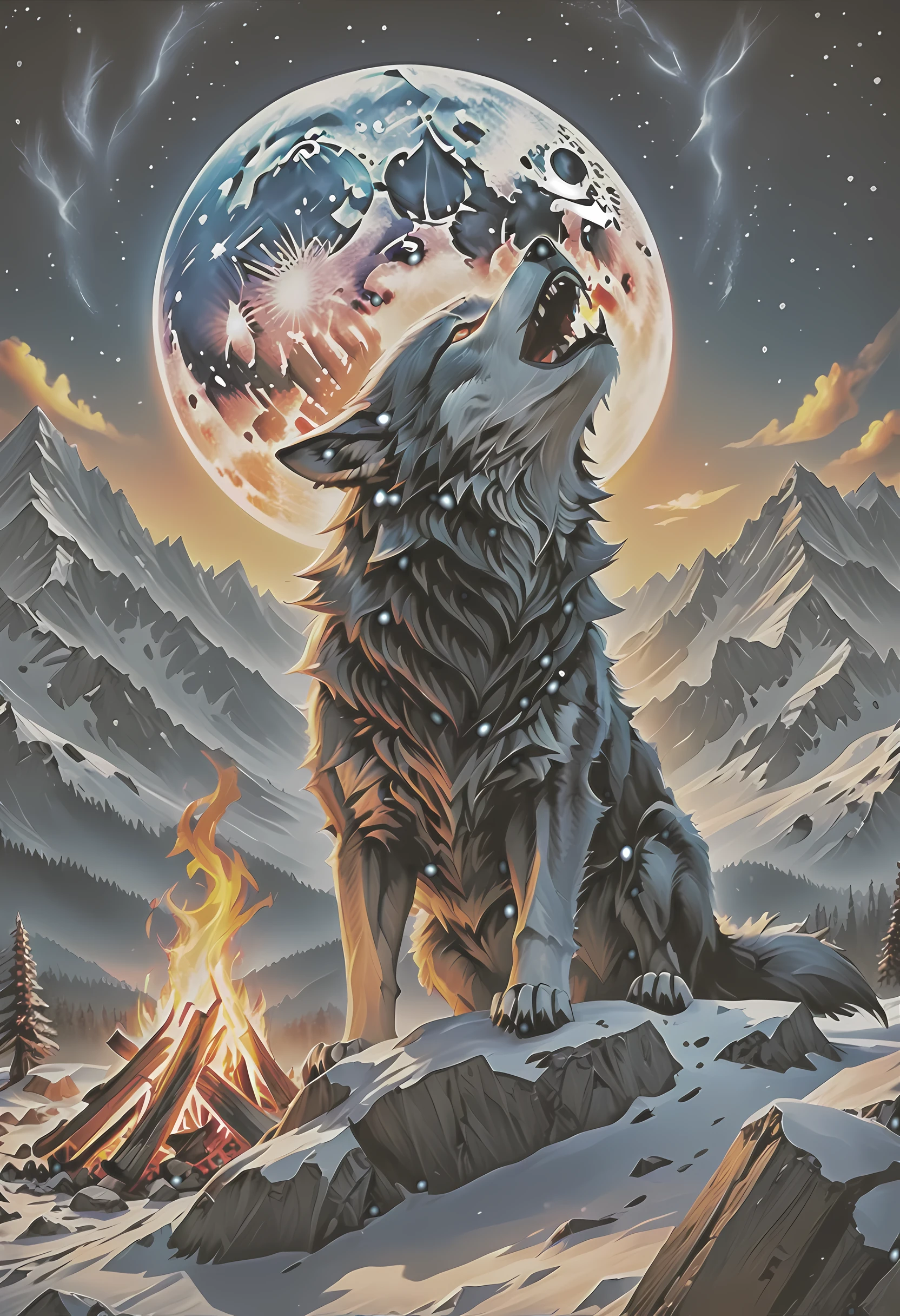 drkfntasy, faize, a National Geographic style, picture of bonfire at dawn on top of snowy mountain, you can see the moon  and the stars, an image of a wolf howling in the background, high details, best quality, highres, ultra wide angle