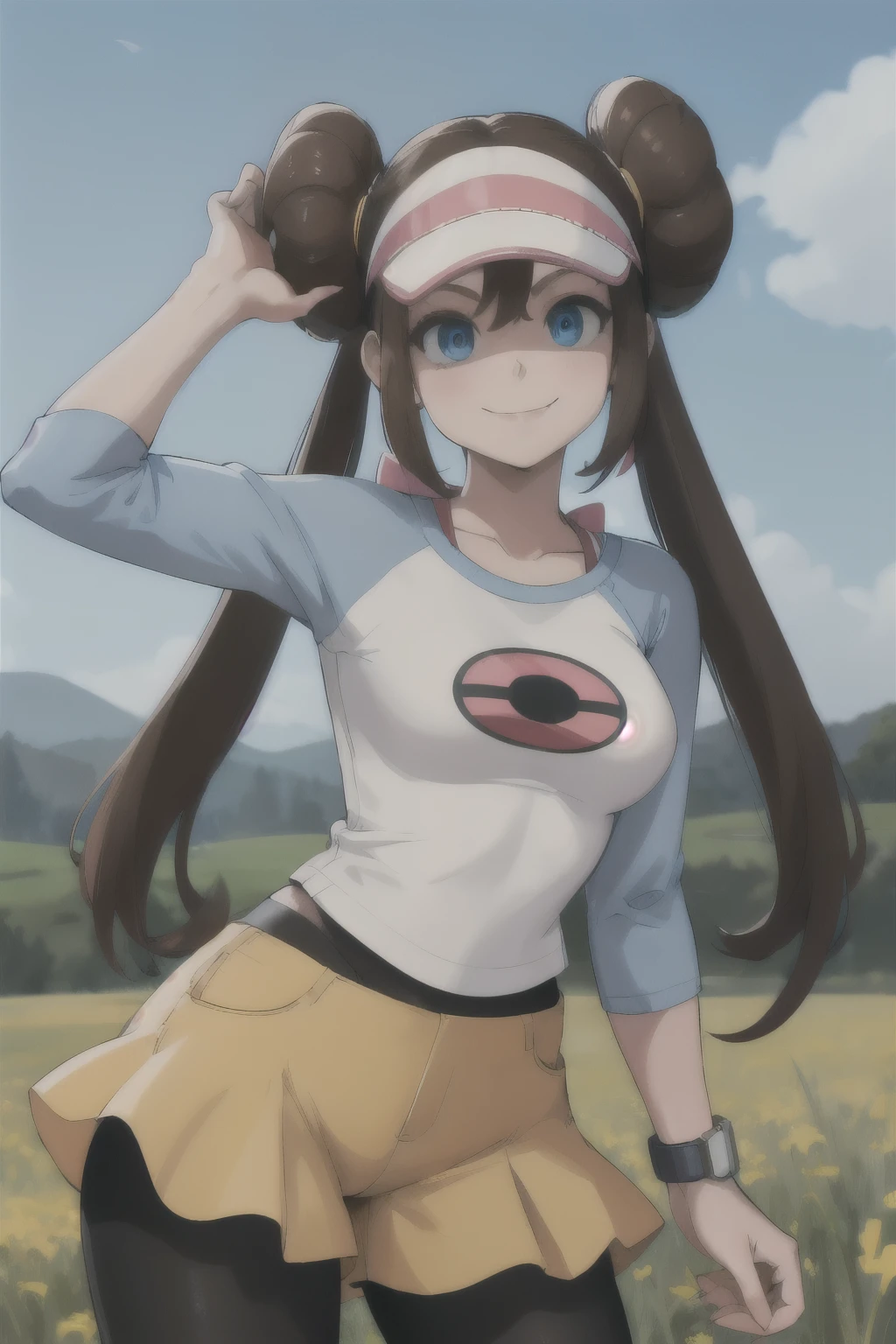 masterpiece, best quality, highres, ro1, hair bun, blue eyes, twintails, visor cap, pantyhose, raglan sleeves, yellow shorts, shirt, pink bow, wristwatch, standing, cowboy shot, field, poke ball \(basic\), smile