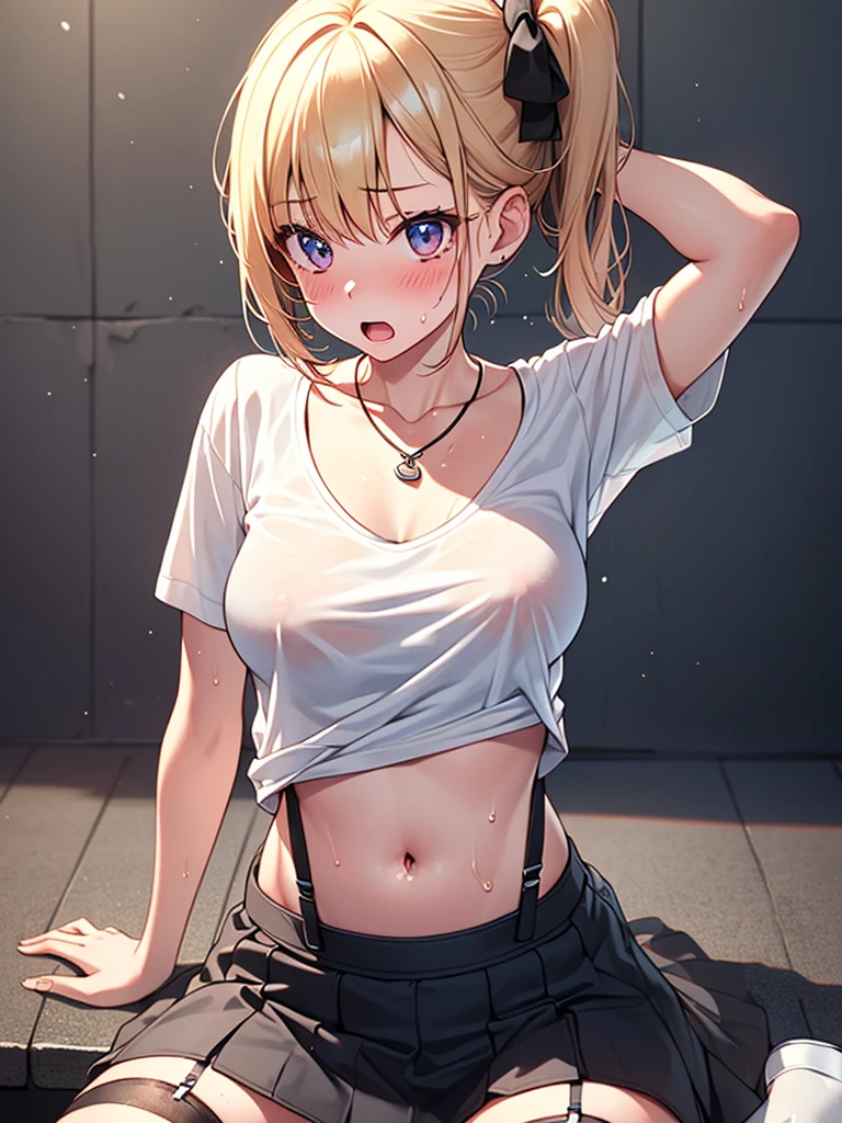 (highest quality, High resolution, perfect pixel, Depth of bounds written, 4K), (high angle:1.5), (upper body:1.2), detailed eyes, (1 girl), perfect body, medium breasts, blond hair, (side ponytail), (white t-shirt lift:1.5), (show off bra:1.2), (v-neck), (black suspender skirt), necklace, (kneehighs), bellybutton, (sitting), open legs, (arms up), blush, surprised, open mouth, wet,