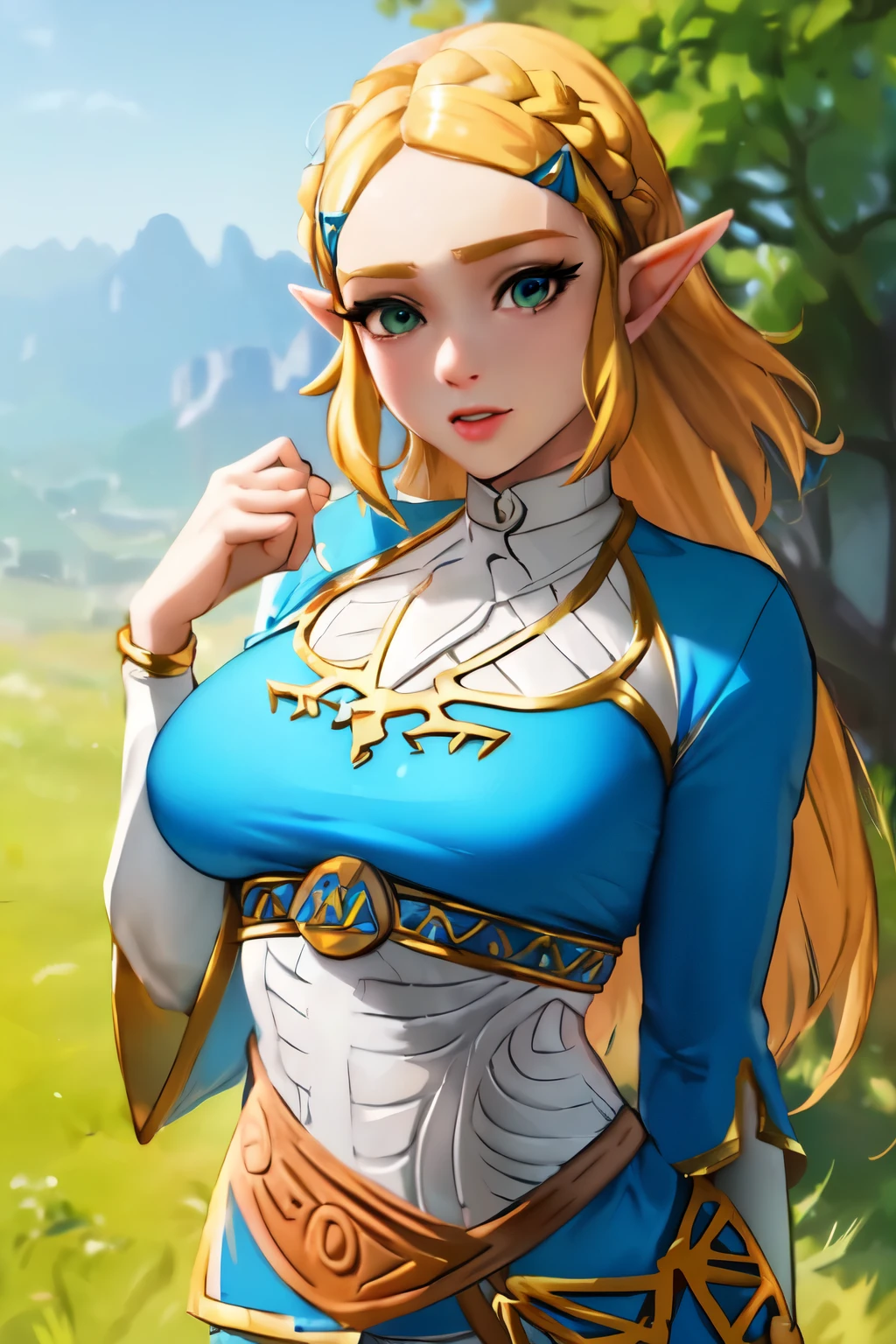 zelda botw outfit
(best quality, masterpiece, RAW photo,ultra-detailed:1.2), 1girl,solo,looking at viewer,  