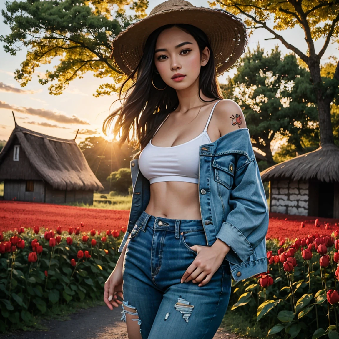 Young Asian woman, 25 years old,Wearing short jeans with an old, torn penis.,) have a tattoo,) at the waist and shoulder,Wear a cropped jean jacket. big shiny breasts,) Long hair blows up in the wind., Looking straight at the camera,With seductive eyes and postures, perfect body,)) Strong and healthy abdomen, In the countryside there are old thatched huts.,In the countryside there are red flowers.,) yellow and red,) Around the old thatched huts,) nature, The evening sunlight twinkled beautifully., 8K photos, Shot with a bright, high-quality Fuji camera. 45,000,000 pixels, Too realistic,