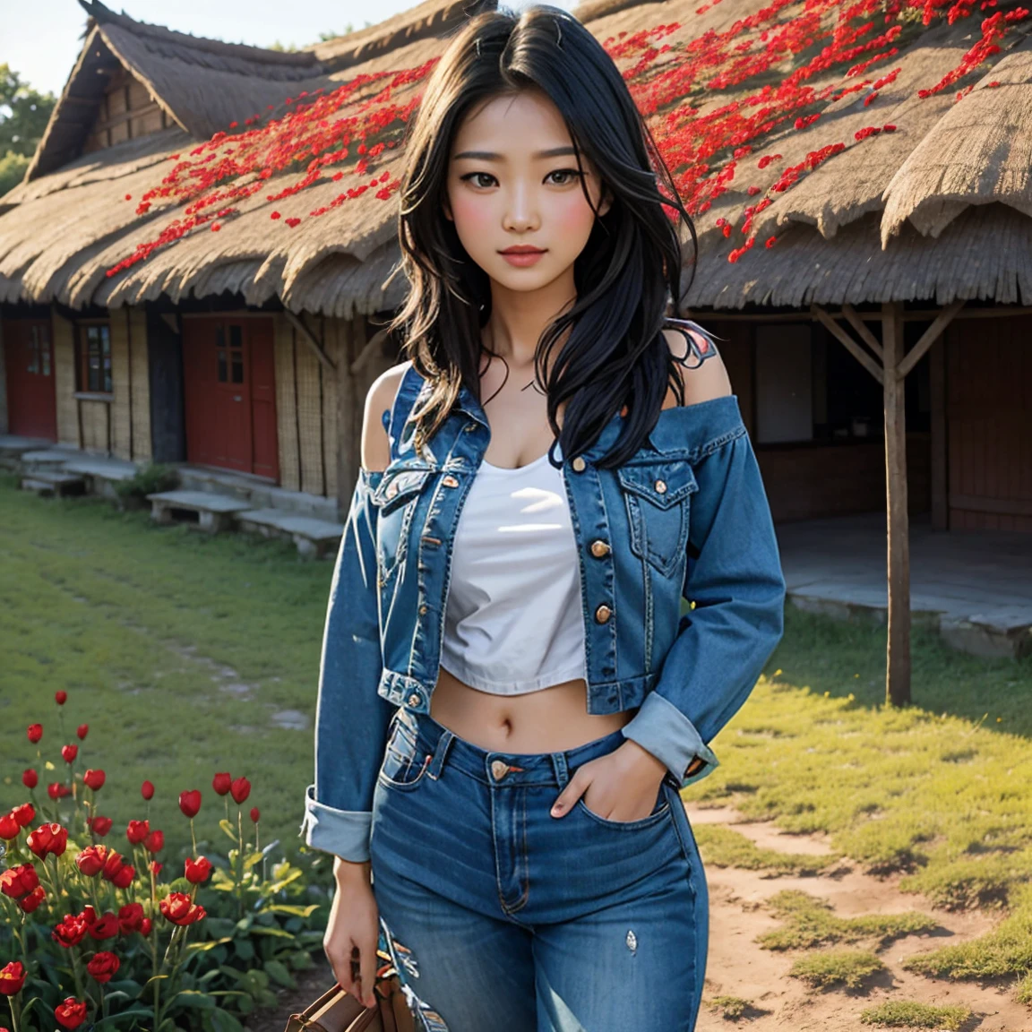 Young Asian woman, 25 years old,Wearing short jeans with an old, torn penis.,) have a tattoo,) at the waist and shoulder,Wear a cropped jean jacket. big shiny breasts,) Long hair blows up in the wind., Looking straight at the camera,With seductive eyes and postures, perfect body,)) Strong and healthy abdomen, In the countryside there are old thatched huts.,In the countryside there are red flowers.,) yellow and red,) Around the old thatched huts,) nature, The evening sunlight twinkled beautifully., 8K photos, Shot with a bright, high-quality Fuji camera. 45,000,000 pixels, Too realistic,