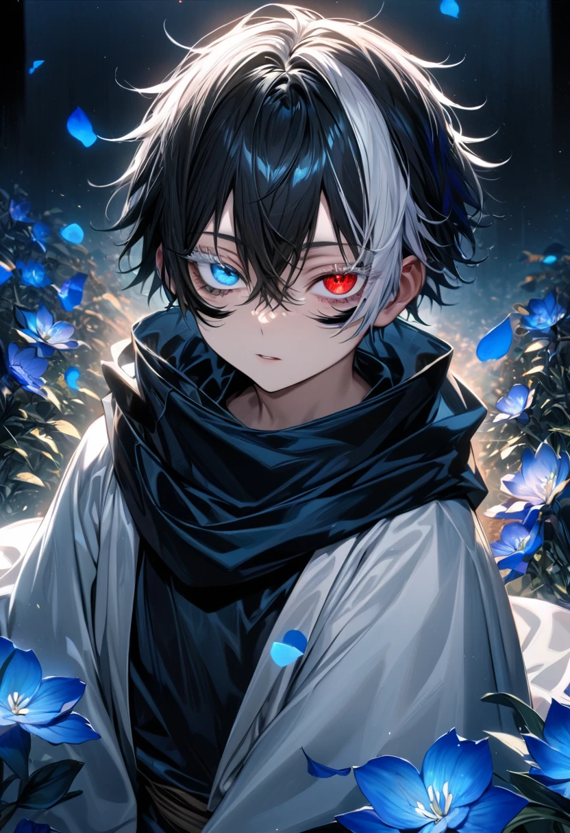 absurdres, highres, ultra detailed, HDR, master piece, best quality, extremely detailed face and eyes, Gojo Satoru, short hair with bangs, hair between the eyes, he has two different hair colour, bicolored hair, right half black hair, left half white hair, heterochromia, right eye red, left eye blue, white eyelashes, Jujutsu Kaisen, solo, , cute, black scarf, white haori, black kimono, blue petals, blue lilies, blue moon, blue fireflies