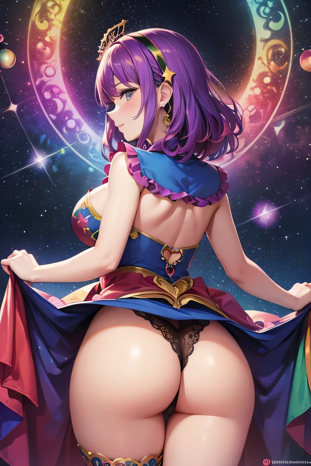 High quality, 4k, psychedelic, milf woman, curvy, celestial carnival, cosmic festival, kaleidoscope cosmos, 1jester, cosmic performer, technicolor show, enchanting, revelry, (dress lift:1.3), (showing her ass), from behind, no pabties, no thong,