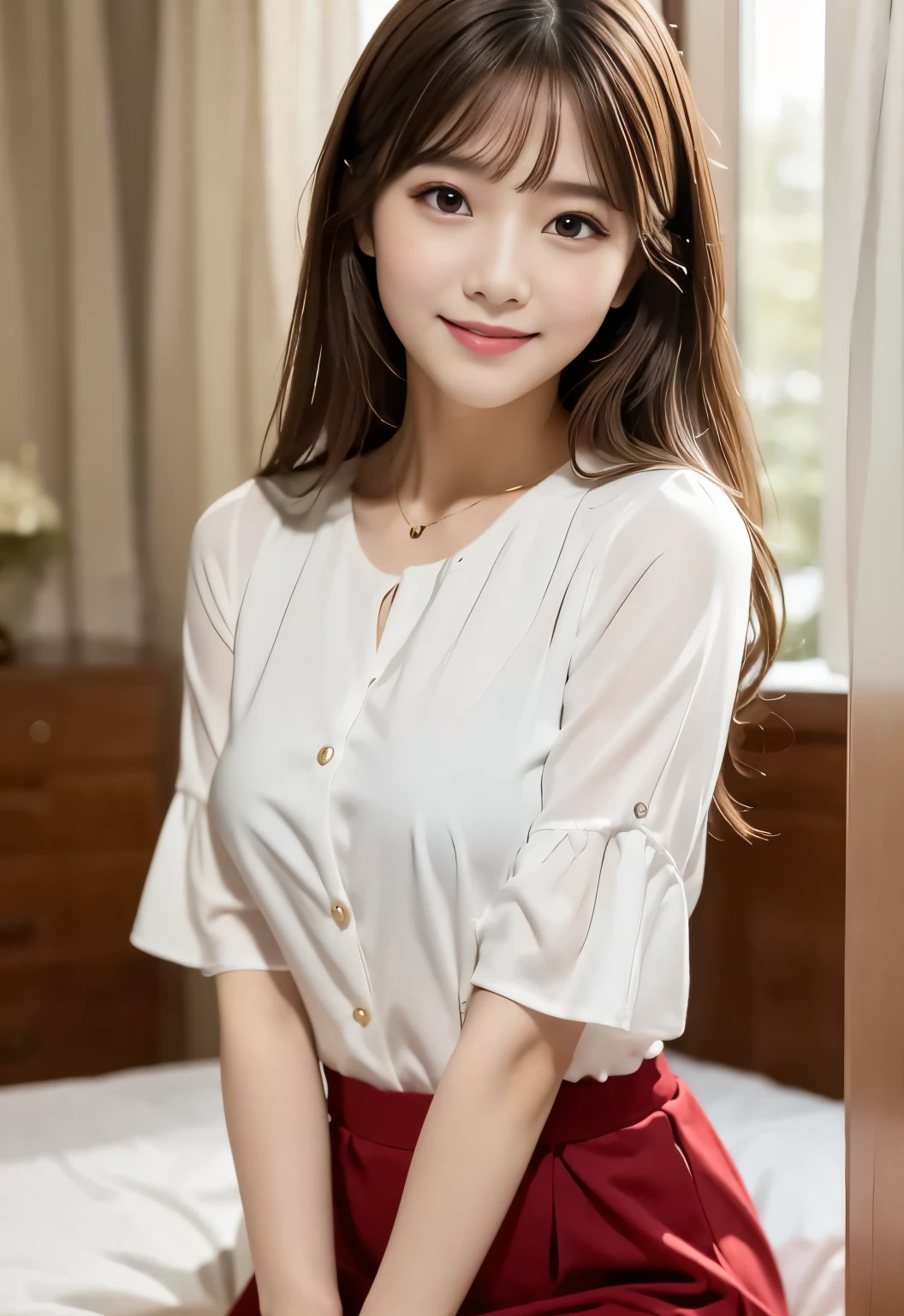(masterpiece, best quality:1.1), (8k, raw photo, photo realistic:1.2, f22), (shiny skin), detailed skin,long hair,detailed face, detailed eyes, smile,BREAK, real world, intricate details, smil, BREAK, 1girl, (Cute clothes), BREAK, (bed,1.4), BREAK