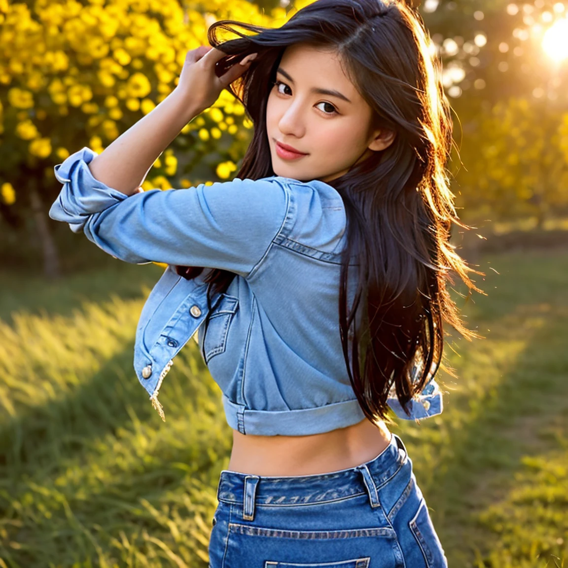 Young Asian woman, 25 years old,Wearing short jeans with an old, torn penis.,) have a tattoo,) at the waist and shoulder,Wear a cropped jean jacket. big shiny breasts,) Long hair blows up in the wind., Looking straight at the camera,With seductive eyes and postures, perfect body,)) Strong and healthy abdomen, In the countryside there are old thatched huts.,In the countryside there are red flowers.,) yellow and red,) Around the old thatched huts,) nature, The evening sunlight twinkled beautifully., 8K photos, Shot with a bright, high-quality Fuji camera. 45,000,000 pixels, Too realistic,