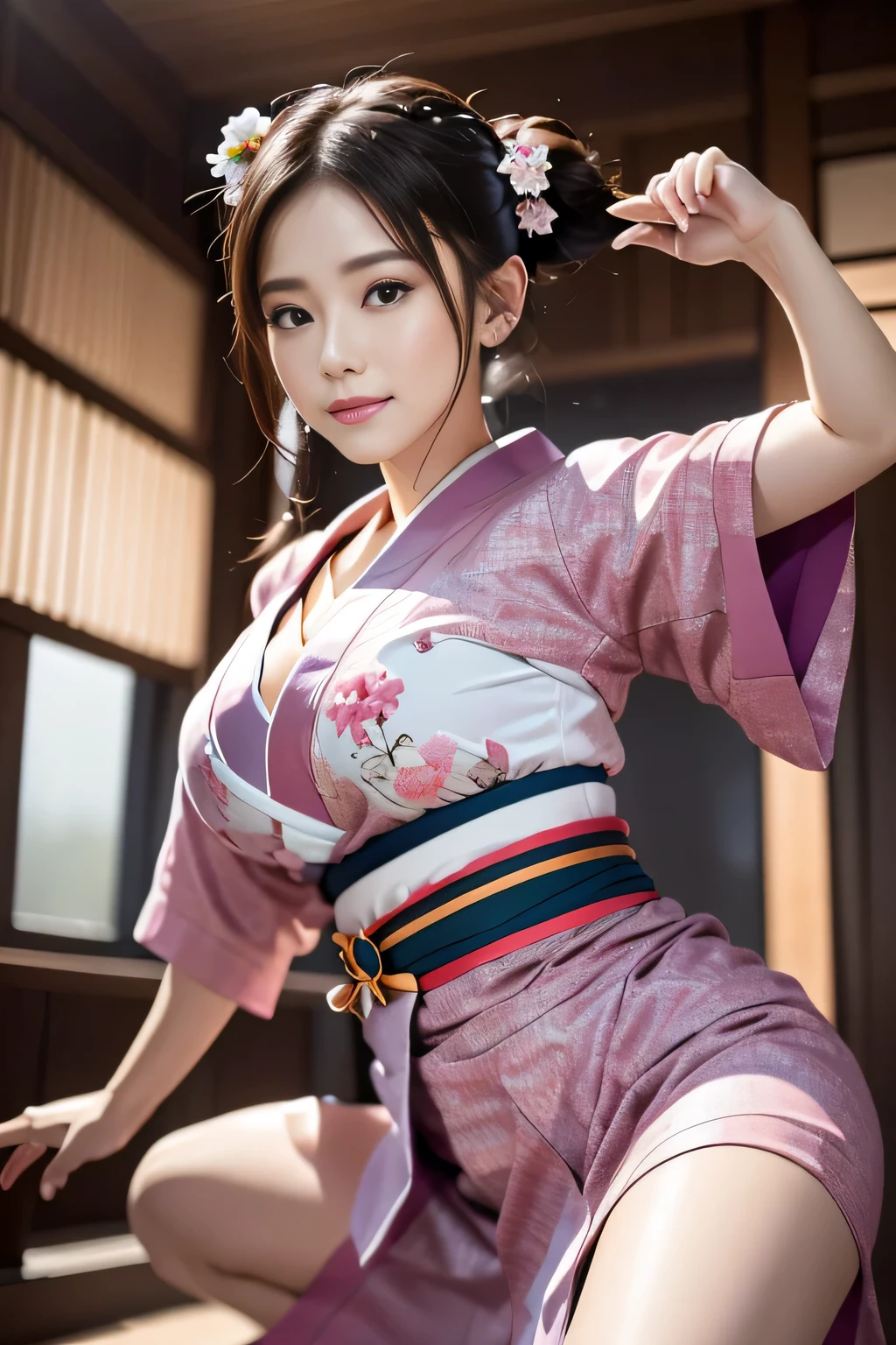 Idol,With a round face,A smile that makes people happy,Classroom walls and windows in the background,(((Intense dance motion:1.3))),(Spread your hands and dance rhythmically:1.3),(((Dance that emphasizes breasts:1.3))),(Stand up and get on one knee:1.3),Add a motion blur effect to simulate motion,(Dynamic and sexy dance poses),(Lean forward:1.3),((( kimono:1.3))),Big and ample breasts,Clothing gets messy due to movement,(The skirt rises with the dance movements:1.3)(Flower Hair Ornaments,Floral braided top knot,Twisted Side Part Ponytail,Floral knit headband,Half Up、Floral braided space buns,Voluminous fishtail braid,Twisted pan,),(Transparent bang),(Dynamic Angle),(Dynamic and sexy pose),Very delicate and beautiful hair,Hair floating on large breasts,Looking at the audience,(Professional Lighting),highest quality,Ultra-high resolution output images,(8K quality,),(SeaArt 2 Mode.1),(Picture Mode Ultra HD,),Beautiful Hands,Beautiful fingers,Detailed functions of the fingers,Detailed features of the clothing,Detailed characteristics of hair,Detailed facial features,
