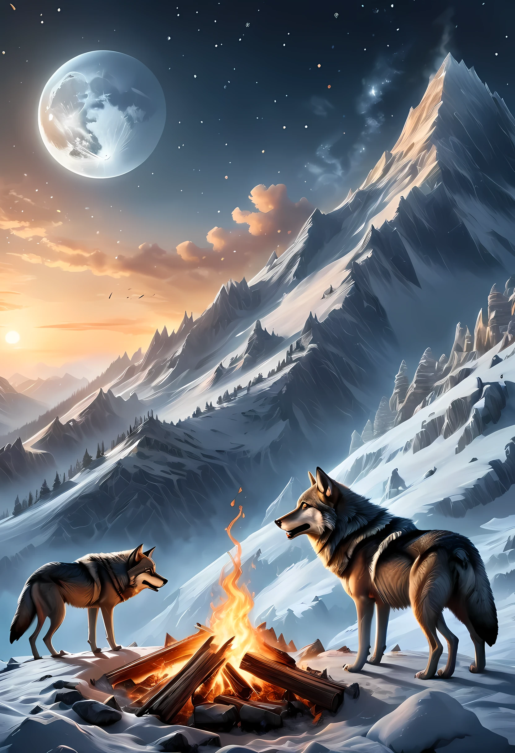 drkfntasy, faize, a National Geographic style, picture of bonfire at dawn on top of snowy mountain, you can see the moon  and the stars, an image of a wolf howling in the background, high details, best quality, highres, ultra wide angle