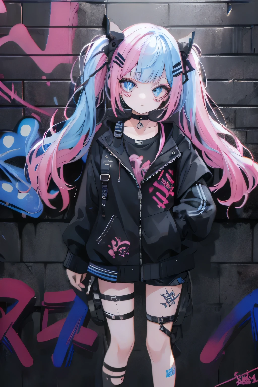 highest quality, Intricate details, chromatic aberration, Are standing, One girl, Twin tails, Pink Hair, Straight hair, Blue Highlights, blue eyes, Kind eyes, choker, shirt, Torn legwear, Open jacket, Against the wall, Brick wall, graffiti, colorful graffiti, Tattoo, Shine, Neon Light, Black light