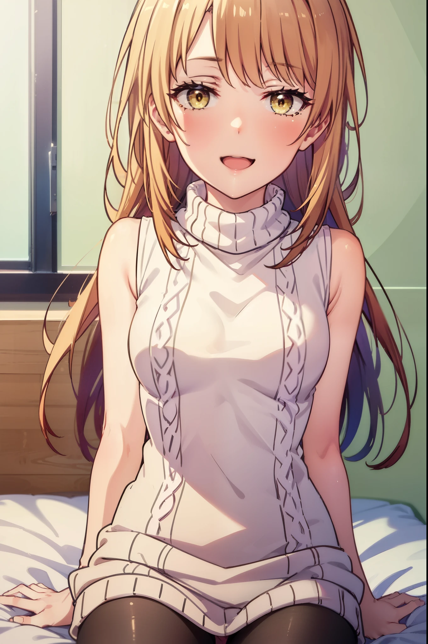 12year old、Height 160cm、beautifly、cute little、Anxious face。1 female。a blond。Brown-eyed。Longhaire。Matching bangs。Pale pink lipstick。Small white camisole。undergarment:only panties。Dark blue long high socks。Small red ribbons on both sides of her hair。Warm lighting。top-quality、hight resolution。rug。girl's own room。She is lying in bed。legs are open。hand on the breasts。look at a camera。Underwear is wet and see-through。the whole body is wet