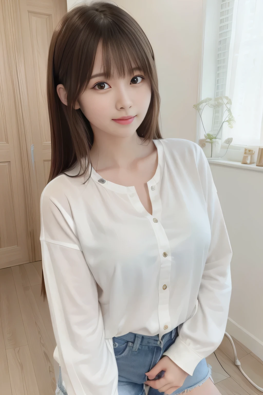 A very charming girl, , Korean, South Korean model, with beautiful appearance, gorgeous appearance, charming facial features, beautiful eyes, perfect lips, sitting on the quilt on the bed, legs open , wearing thin and soft underwear, looking at the camera with a smile, Smiling and looking at the camera,