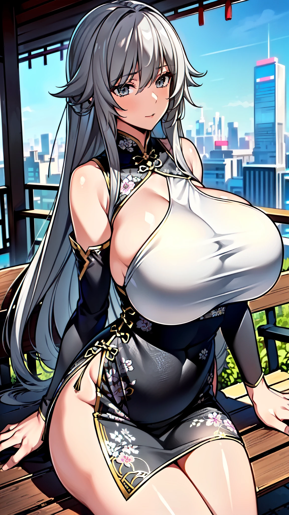 masterpiece, best quality, extremely detailed, 1girl, milf, solo, (huge breasts:1.5), ((((grey hair), long hair, grey eyes))), parted lips, (((chinese dress, detached sleeves))), ((experssionless), closed mouth), ((sitting, on bench, gazebo, futuristic cityscape)) 