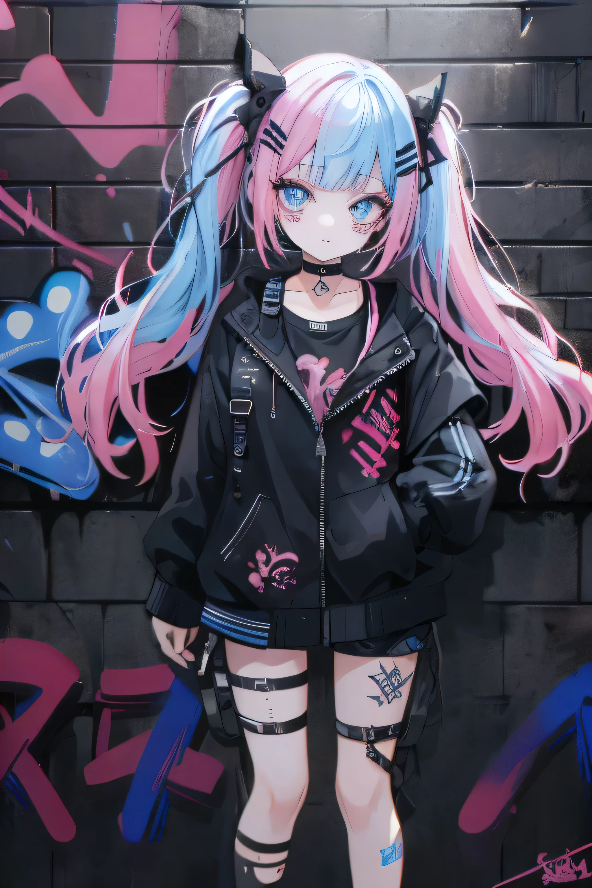 highest quality, Intricate details, chromatic aberration, Are standing, One girl, Twin tails, Pink Hair, Straight hair, Blue Highlights, blue eyes, Kind eyes, choker, shirt, Torn legwear, Open jacket, Against the wall, Brick wall, graffiti, colorful graffiti, Tattoo, Shine, Neon Light, Black light