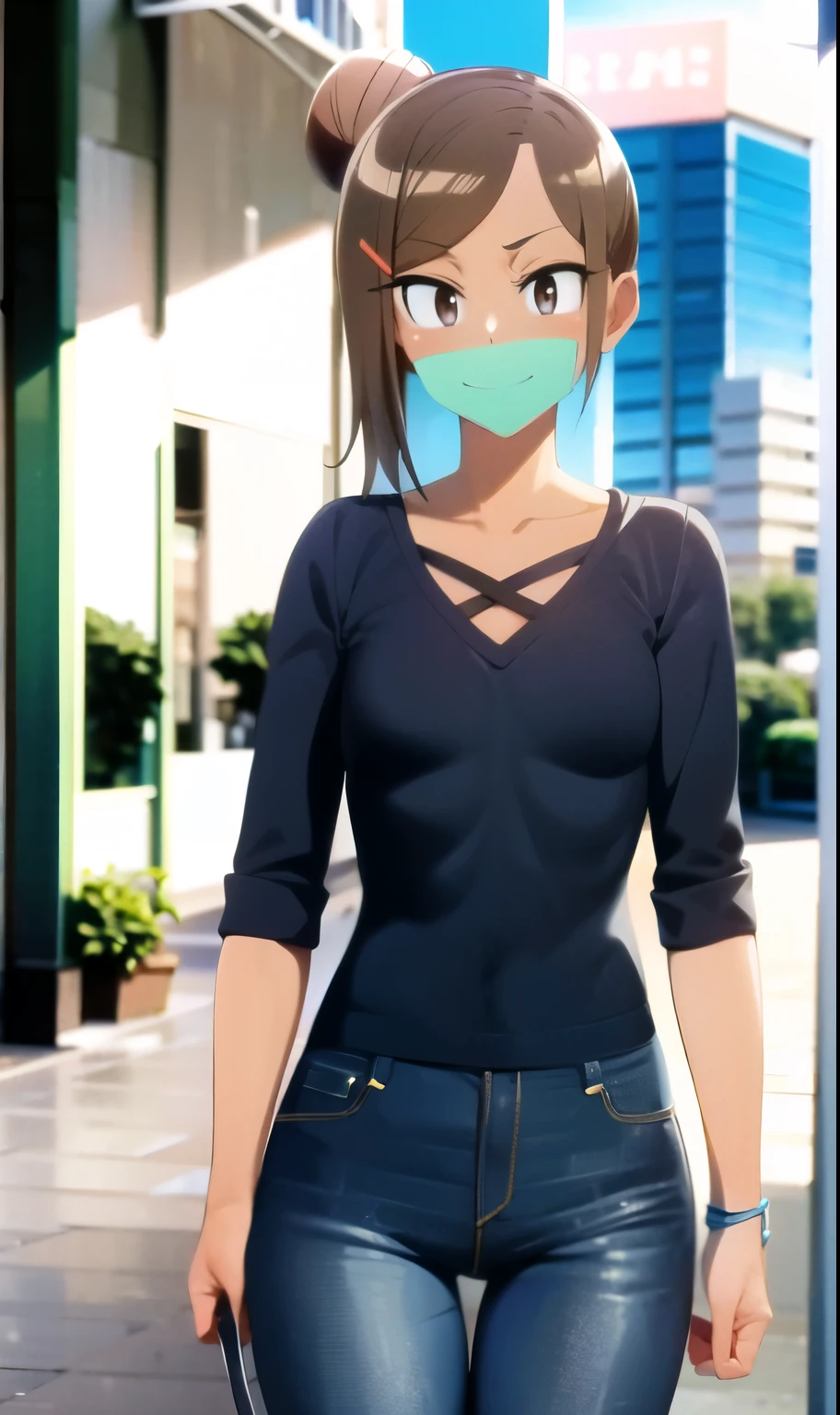 masterpiece, highest quality, Intricate details, Super detailed, Wide Hips, Tight waist, Shiny, Oilskin, skinny,
One girl, alone, brown hair, Brown eyes, hair ornaments, Dark Skin, Hair Clip, short hair,1 bun, Medium chest, expensive, smile,
View your viewers,