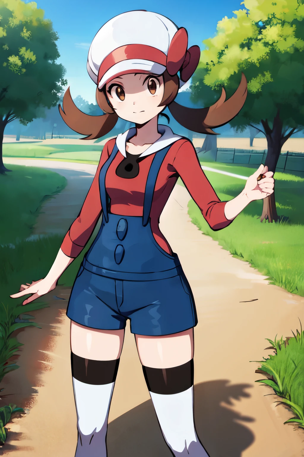 lyra,brown eyes, brown hair, red shirt, denim shorts, overalls, white thighhighs, cabbie hat, bow,  looking at viewer, serious, standing, holding pokeball, outside, field, dirt path, trees, blue sky, high quality, masterpiece, 