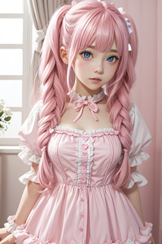 Pink Hair　Wavy Long Twin Tail　Blue Eyes　Heart Hair Ornament　pink cheeks　Pink lolita dress　Girl　live-action　White ribbon