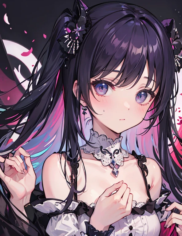 (masterpiece, top quality, best quality, official art, beautiful and aesthetic:1.2),cover art, sleek,dark,highly detailed,Dynamic Angle,Dynamic posture, high gloss,extremely beautiful skin,natural skin texture,(Milky skin:1.2),(shiny skin:1.4),1gir,solo, (dark black and light magenta butterflies:1.2), White lace dress, strapless dress, Depth of field, blurred background, dark forest background,