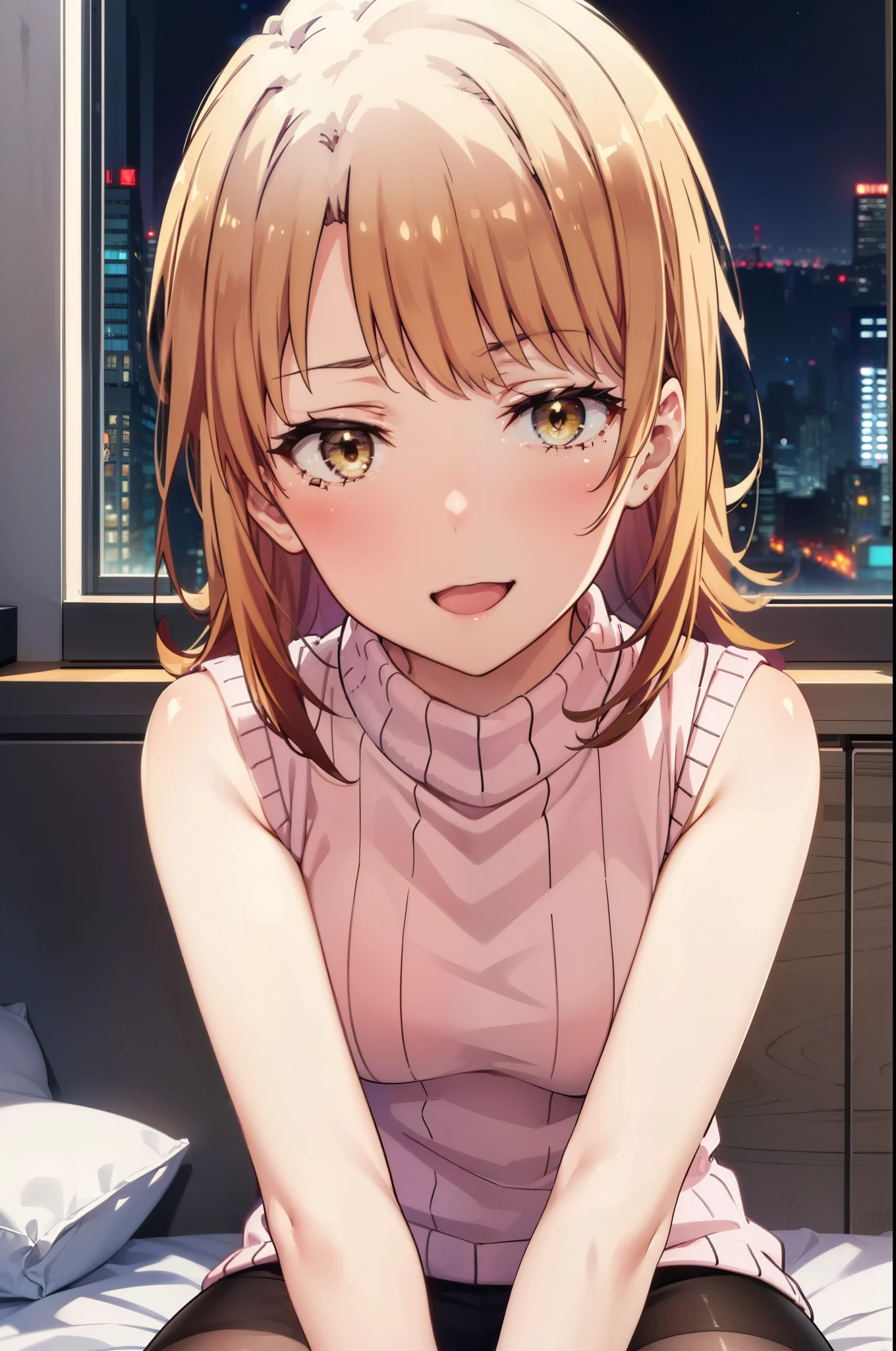 irohaisshiki, Iroha Isshiki, long hair, brown hair, (Brown eyes:1.happy smile, smile, Open your mouth,),Virgin Killer Sweater with a Visible Back, Sleeveless turtleneck, Sweater dress, aran sweater, (Side bust), Red sweater, Black pantyhose,Sitting on the bed,Sexy pose,Pink Proof,night,moonlight,erotic,romantic,
break indoors, Bedroom,
break looking at viewer,whole body, (Cowboy Shot:1. 5),
break (masterpiece:1.2), highest quality, High resolution, unity 8k wallpaper, (shape:0.8), (Beautiful details:1.6), Highly detailed face, Perfect lighting, Highly detailed CG, (Perfect hands, Perfect Anatomy),