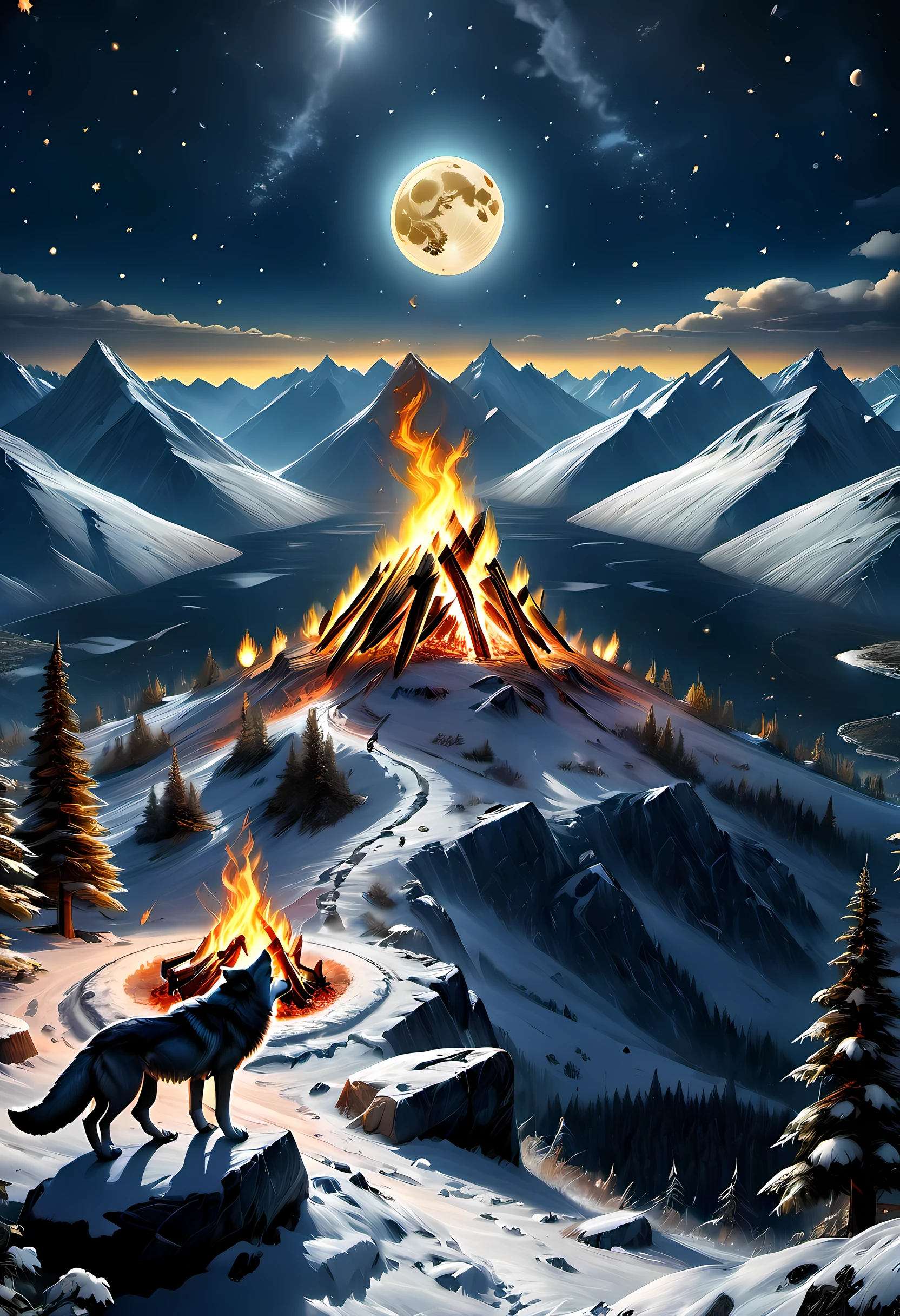 drkfntasy, faize, a National Geographic style, picture of bonfire at dawn on top of snowy mountain, you can see the moon and the stars, an image of a wolf howling in the background, high details, best quality, highres, ultra wide angle