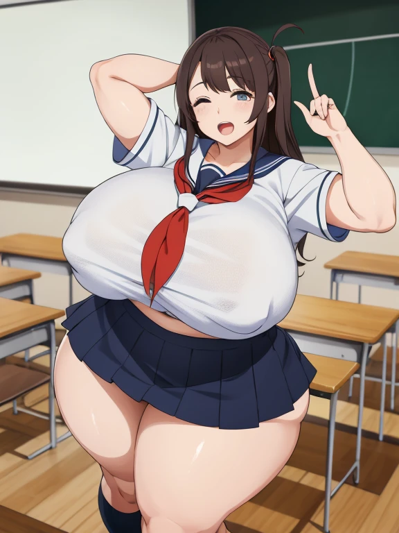 (half-open eyes:1.5),there is a woman standing In the classroom with a blackboard, Standing in class, wearing Japanese School Uniform, Japanese , Japanese girls uniform, TikTok Video, JK Uniform, Japanese High School, cute , In the classroom, She has brown hair with bangs, Wearing , her wardrobe is fascinating, Real life anime girls, she is dancing,Super thick thighs,Super big breasts,Plump body,muchimuchi,from front,Half-open mouth,