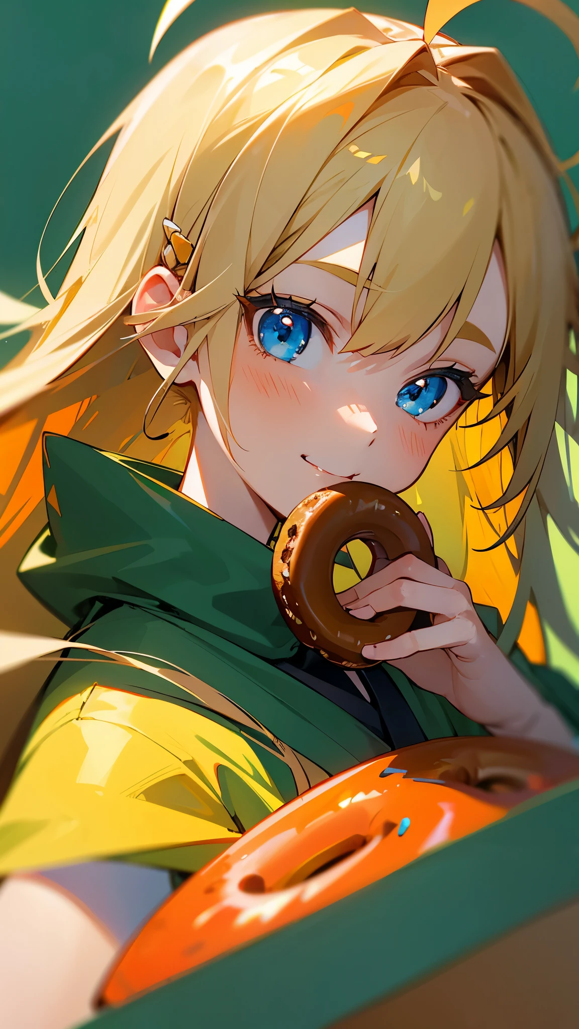 1 Girl、Upper body close-up、20-year-old woman, smile, impression, (oil), Green and orange tones, String Maki, hairpin, Blonde, Long Hair, (Beautiful Blue Eyes)、Ahoge、Eating a donut