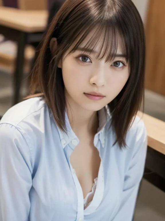 (Button-down shirt, panties: 1.2), ((highest quality, 8k, Tabletop: 1.3, RAW Photos)), Sharp focus: 1.2, (1. AESPA Girl :1.1), (alone: 1.1), (Realistic, Realistic: 1.37), (Face Focus: 1.1), Cute face, Ultra detailed face, Short, unkempt hair, Updo,Large Breasts、Saggy breasts、Deep cleavage、Voluptuous thighs, Sitting floor, classroom, flower, 梅のflower