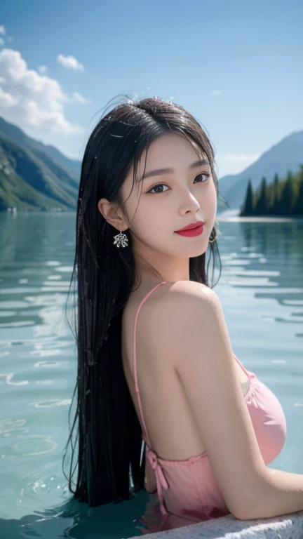 (chef-d&#39;artwork) (La meilleure qualité) Sur un grand lac, A Korean woman bathes in water and pulls her wet hair back and back smiles with joy and has a beautiful look..... Elle porte des nuances sombres de maquillage, Bubblegum pink lips and big earrings. It&#39;s a hot summer day, There is good light and the sky is clear. (gros seins) (Eye beauty) (cheveux noir) (sexy)
