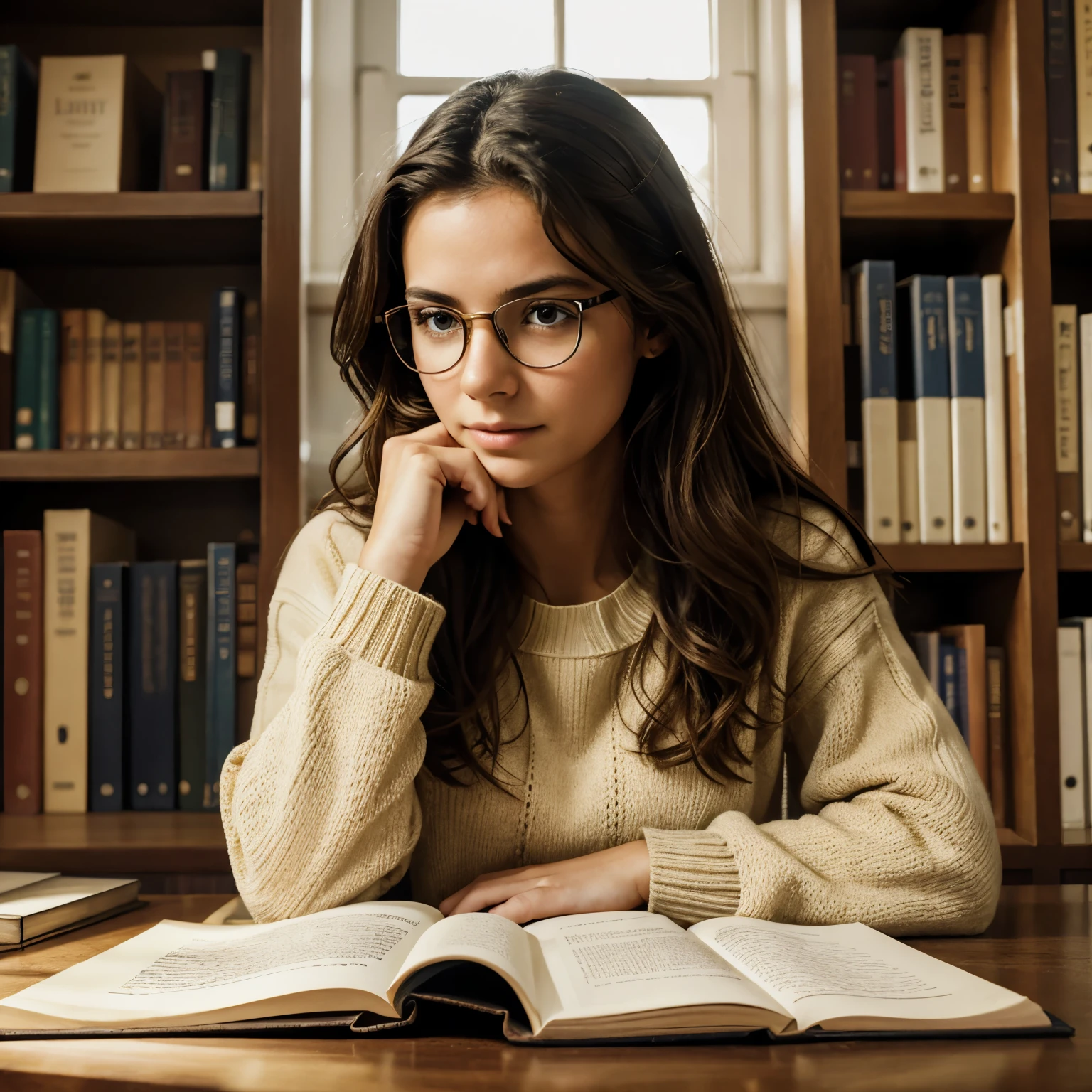 (Masterpiece: 1.1), Detailed portrait of a woman studying at the university, (Deep focus on her face: 1.2), Intense concentration, (Thin nose bridges, furrowed brow: 0.7), Glasses perched on her nose, (Long, curly brown hair cascades down her shoulders: 0.8), Lean, focused figure, Sitting in a dimly lit corner of the library, (Worn-out jeans, cozy sweater: 1.0), Open book sprawled on the desk, (Black ink lines, yellowed pages: 0.5), Sunlight streaming in through a nearby window, creating a warm,