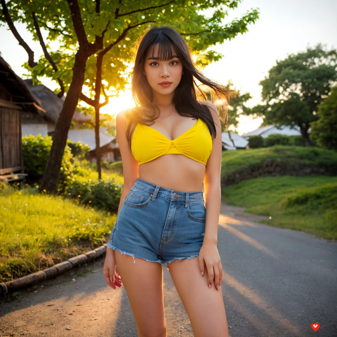 Young Asian woman, 25 years old,Wearing short, sheer pants with an old, torn penis.,Open the legs and see the clearly prominent genital mound.,) have a tattoo,) at the waist and shoulder,Wear a cropped jean jacket. big shiny breasts,) Long hair blows up in the wind., Looking straight at the camera,With seductive eyes and postures, perfect body,)) Strong and healthy abdomen, In the countryside there are old thatched huts.,In the countryside there are red flowers.,) yellow and red,) Around the old thatched huts,) nature, The evening sunlight twinkled beautifully., 8K photos, Shot with a bright, high-quality Fuji camera. 45,000,000 pixels, Too realistic,