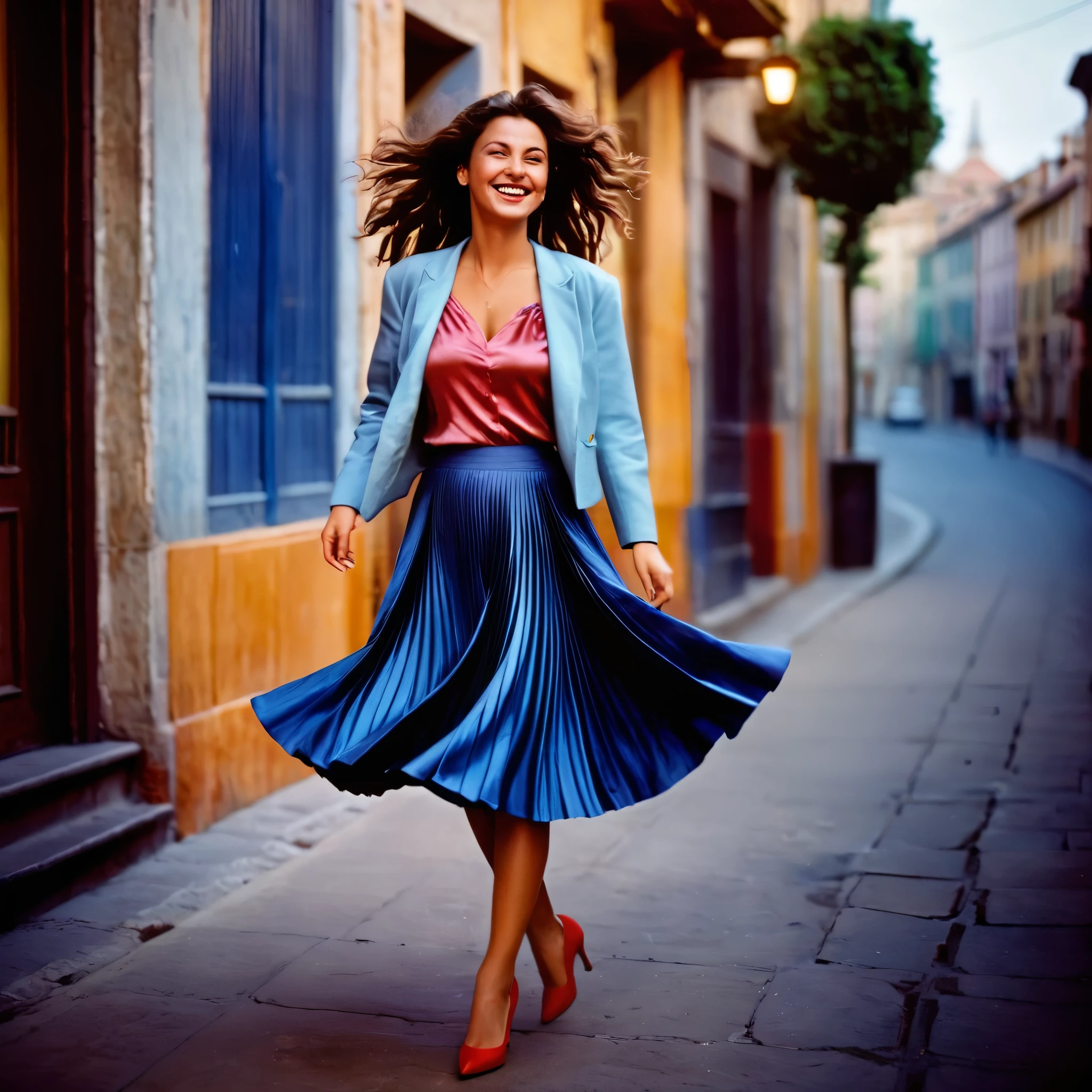 A smiling, authentic, (shy:1,3), kind, beautiful woman, is passionately in love with her skirt, dancing while wind lifts her skirt, wearing short blazer and very, very detailed (long (fully pleated) full circle skirt) and (low heeled court shoes), very, very intricate hyper-detailed symmetric (attractive graceful young feminine face) with (sad, tired eyes and a loving smile), very voluptuous breasts, full of empathy and compassion and love, (pronounced (feminine) features), (highly detailed ultra accurate realistic) hands and fingers, (windy), epic composition, highly detailed attributes, (35mm f1.4 Kodak portra 400 photograph), extremely high quality RAW photograph, highly detailed atmosphere, cinematic shot, dynamic lighting, 75mm, Technicolor, Panavision, cinemascope, sharp focus, fine details, 8k, HDR, realism, realistic, key visual, film still, superb cinematic color grading, depth of field