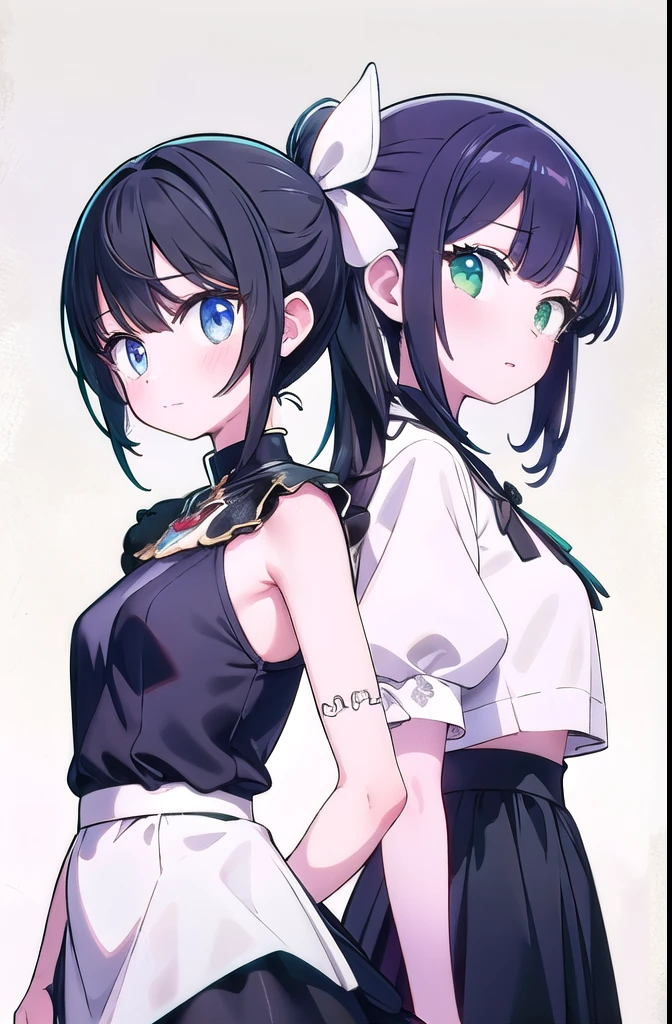 ((best quality)), ((masterpiece)), (detailed), Two anime girls back to back,Beveled composition。
The girl on the left has long green ponytail hair,Wearing a dress。
The girl on the right has straight black hair,Princess Cut,Bangs,Wearing silver armor,Black skirt。