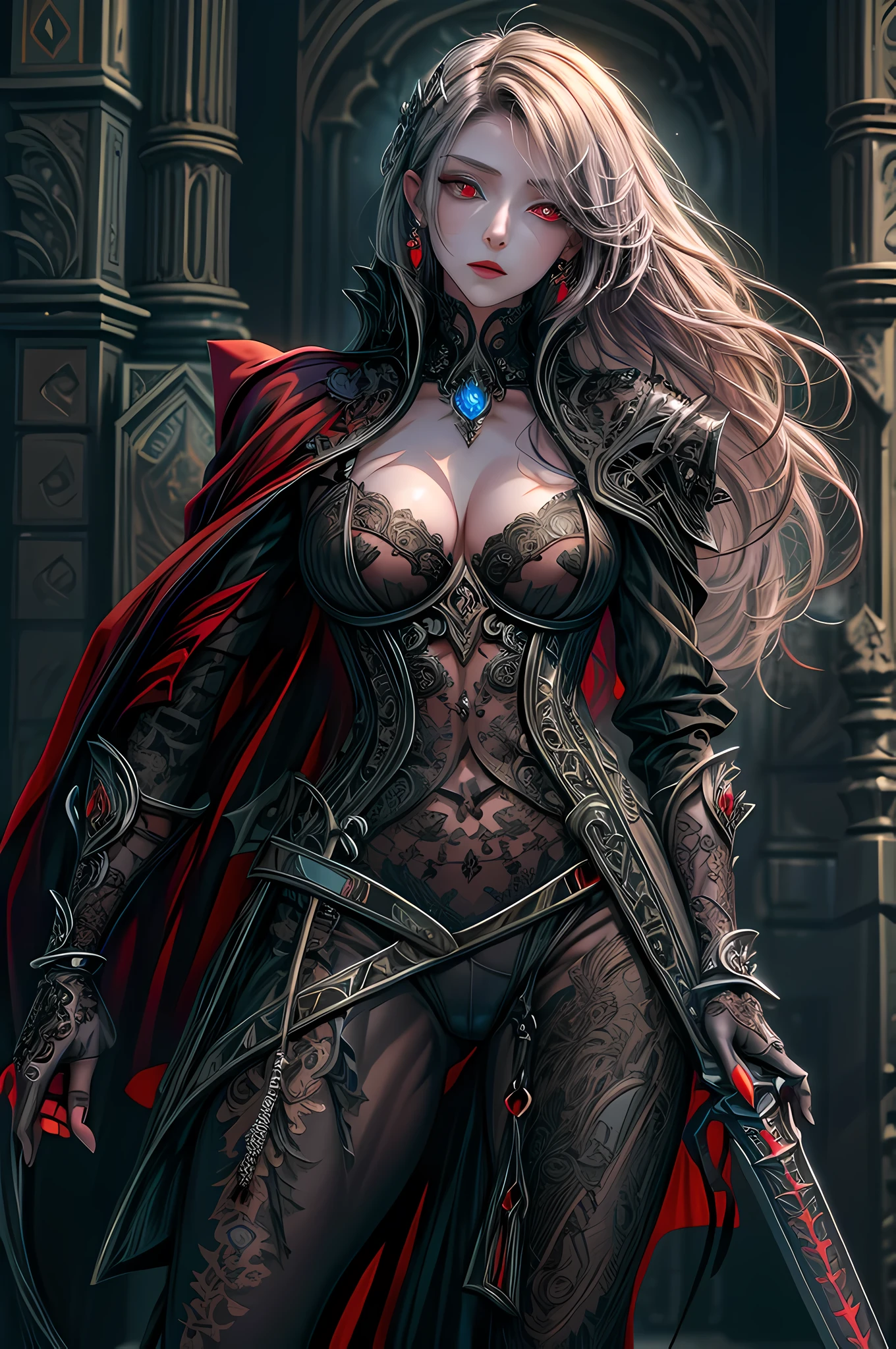 Arafed, dark fantasy art, gothic art, a picturr of a vampire ready for battle, female vampire, armed with a sword, wewring heavy armor LnF, armed with a sword, shining sword, ultra detailed face (intricate detailed, Masterpiece, best quality: 1.4), pale skin, gloeing eyes, red eyes, ultra feminine, pale skin, dynamic hair, dark fantasy urban street (intricate detailed, Masterpiece, best quality: 1.4), moon light, star light, clouds